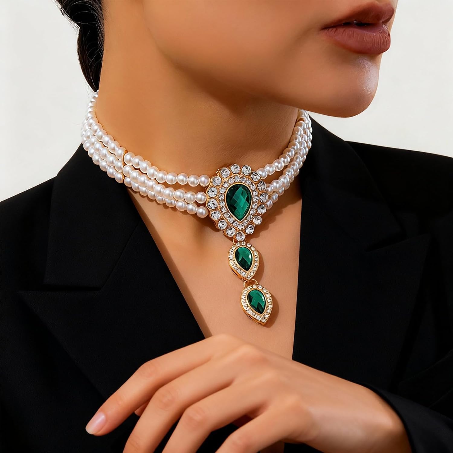 Pearl Choker Necklace for Women Green Crystal Pendant Necklace Layered Pearl Bridal Costume Jewelry Accessories - Image 2