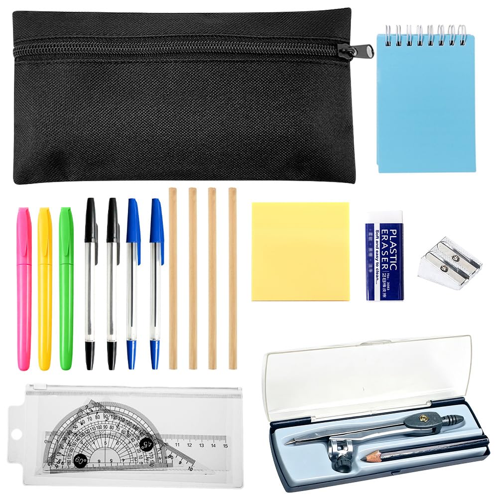 18 Pcs Stationery Set, Back to School Stationery Ruler Set, Maths Sets for Secondary School, with Pencil Case, Notepad, Sticky Note, Pencils, Gel Pens, Erasers, Pencil Sharpener, Compass, Rulers