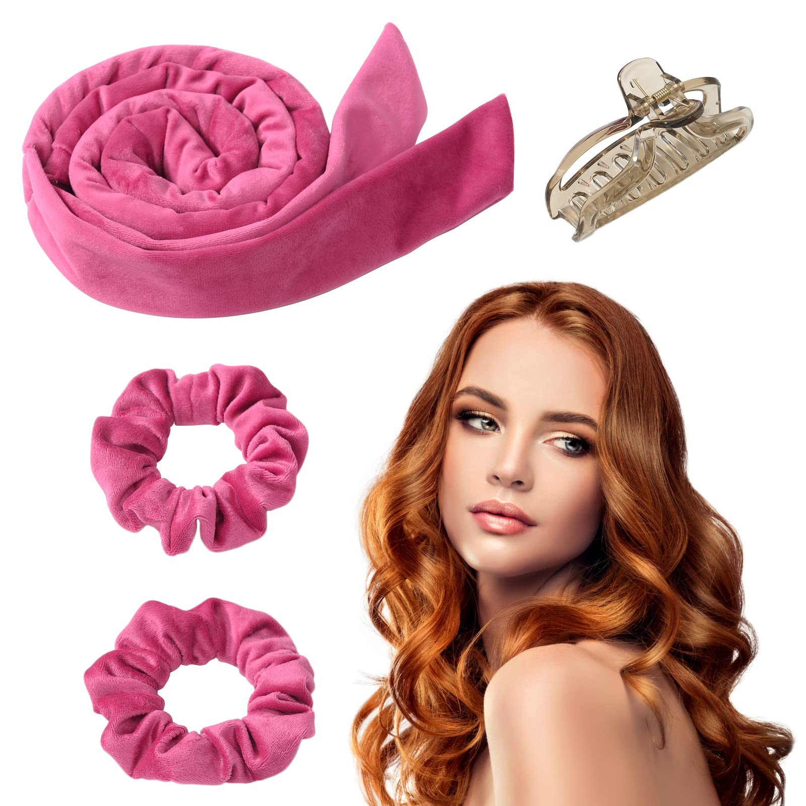 Heatless Curling Rod Headband, Heatless Hair Rollers for Long Medium Hair Overnight Lazy Hair Curlers to Sleep in, Magic Heatless Wavy Hair Styling Tools with Hair Claw and Scrunchies for Women, Rose