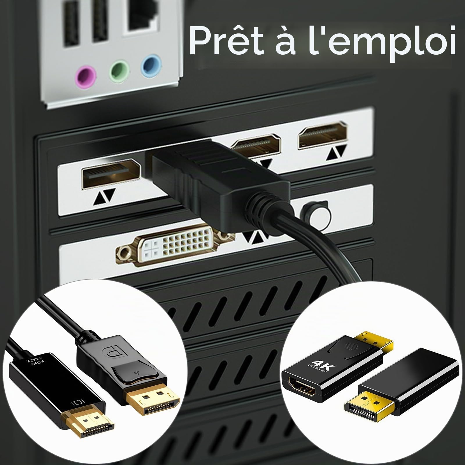 Adaptateur Displayport vers HDMI, 4K Câble DisplayPort vers HDMI, 1M DP vers HDMI Cable avec Adaptateur, Compatible avec HDTV, HP, Moniteur, Ordinateur Portable, projecteur, Bureau, etc.