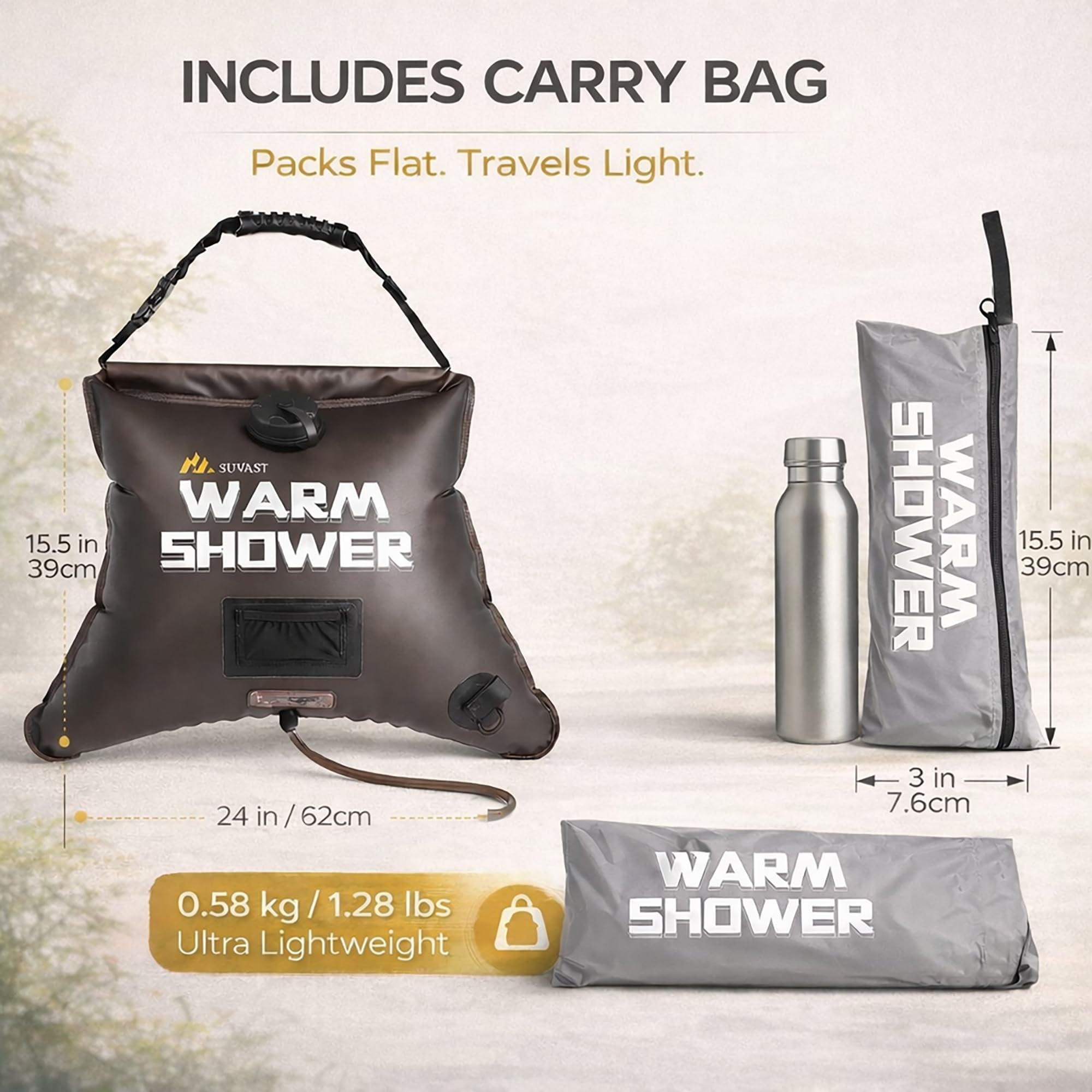 Sac de douche solaire, 15 l, douche solaire portable en TPU pour le camping et le nettoyage en plein air, avec tuyau et sac de transport