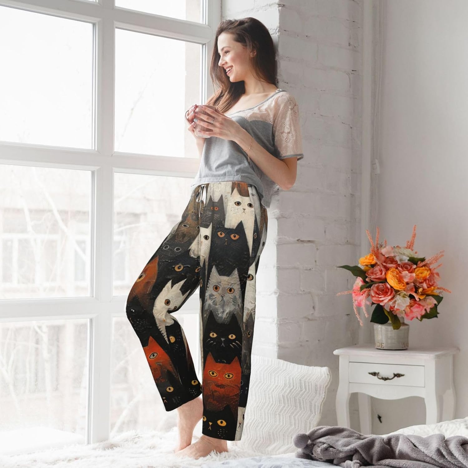 Cat Print Fashion Cozy Womens Flannel Pajama Pants,Perfect For Christmas And Everyday Wear