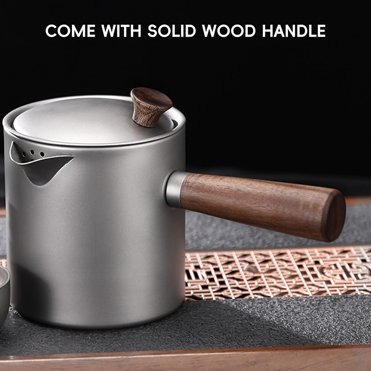 doorslay 580ml Ti Tea Kettle with Wooden Handle, Lid, Tea Strainer, Teacups, and Storage Bag for Picnic Backpacking Camping Hiking