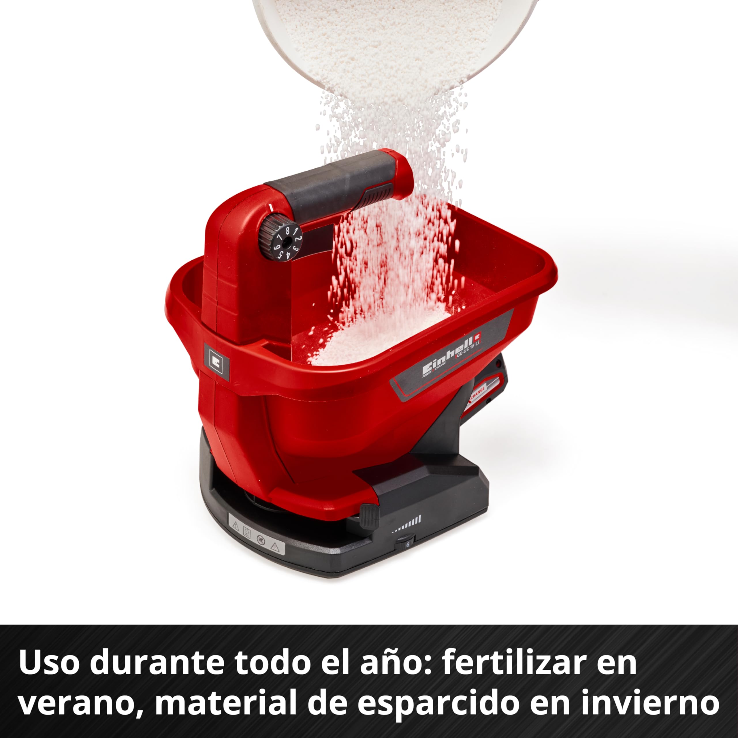 Einhell Esparcidor universal - GE-US 18 Li-Solo Power X-Change - 3,3 L, control de velocidad de 6 pasos, 8 configuraciones de volumen de esparcimiento | PXC - Depósito de 3,3 litros | electrónica de velocidad de 6 etapas | 8 niveles de regulación de la di