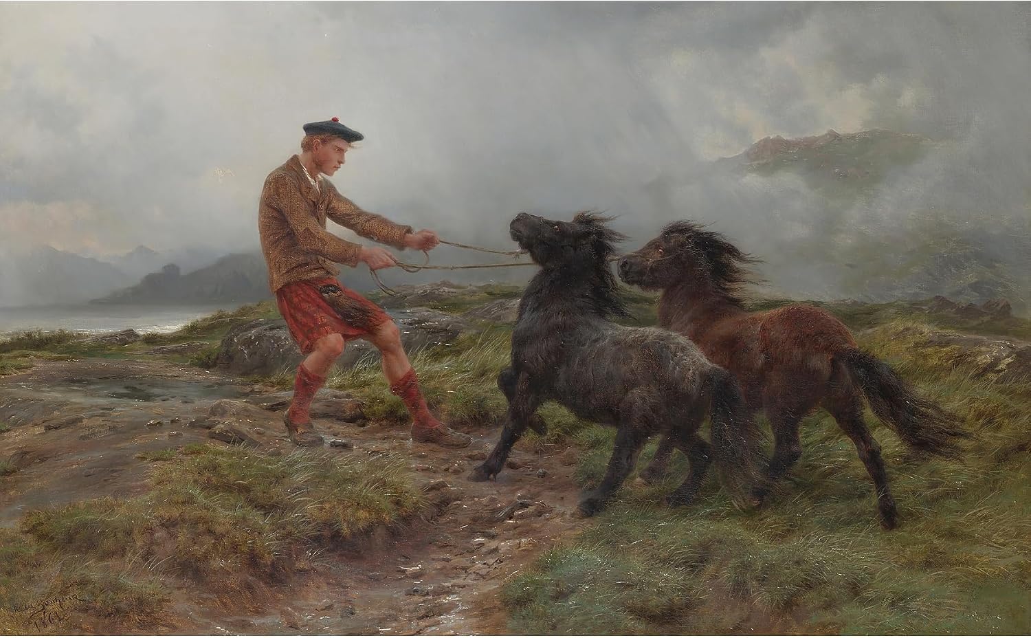 ArtDirect A Ghillie And Two Shetland Ponies In A Misty Landscape Unframed Art Print Giclee Poster by Rosa Bonheur - Ready for Framing with Customization Sizes 10x6, 14x9, 20x12, 36x22, 48x30 and 60x37 inches
