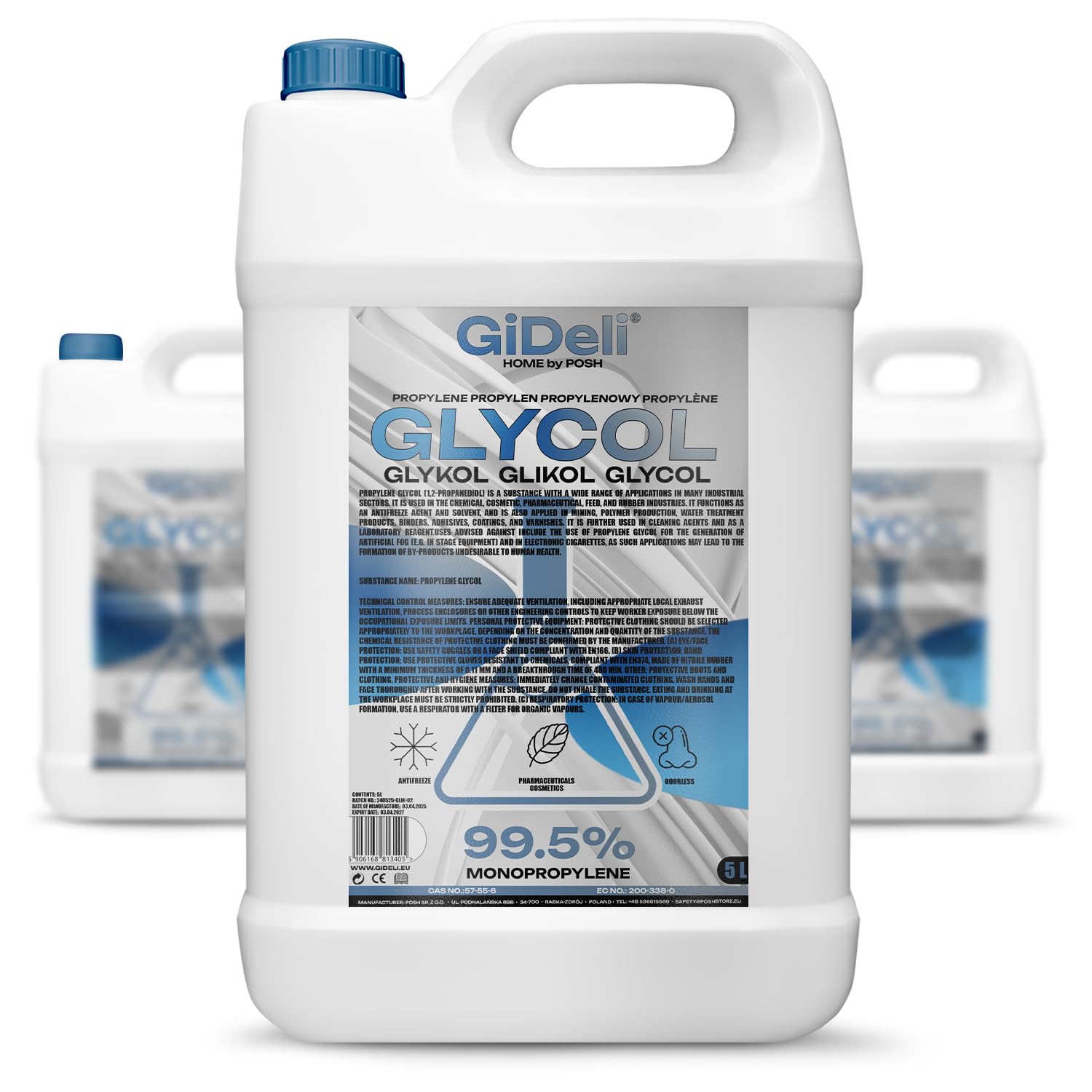 GiDeli Propylène glycol 99,5 % 3 x 5 l de solvant monopropylène glycol (PG) pour cosmétiques, produits pharmaceutiques, industries, laboratoires et applications techniques