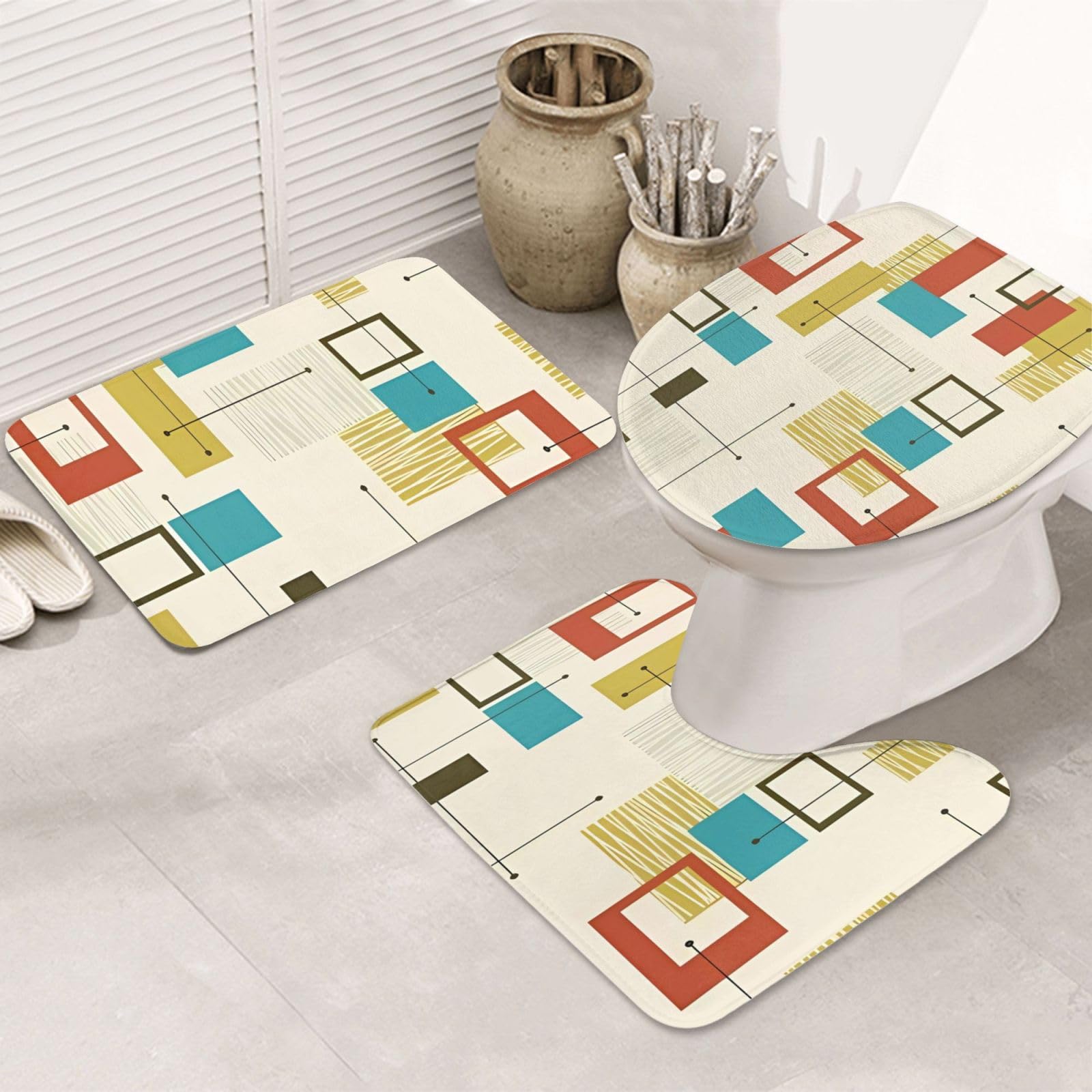 Lot de 3 tapis de bain modernes du milieu du siècle antidérapants pour toilettes et salle de bain