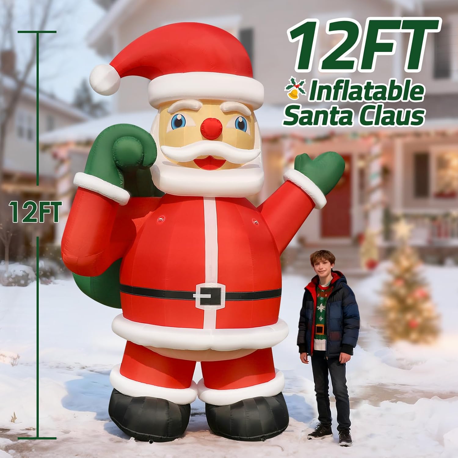 12FT Giant Inflatable Santa Claus with Blower, Premium Oxford Cloth Material, Blow Up Santa Outdoor Christmas Decorations for Yard Holiday Parties Commercial Events