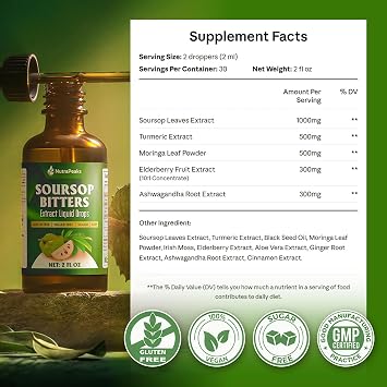 Soursop Bitters Liquid Drops Ashwagandha & Black Seed, 2 fl oz | Herbal blend with Black Seed, Moringa, Ashwagandha, Senna, Goat Weed & Ginger. Natural botanicals, 2 fl oz bottle.