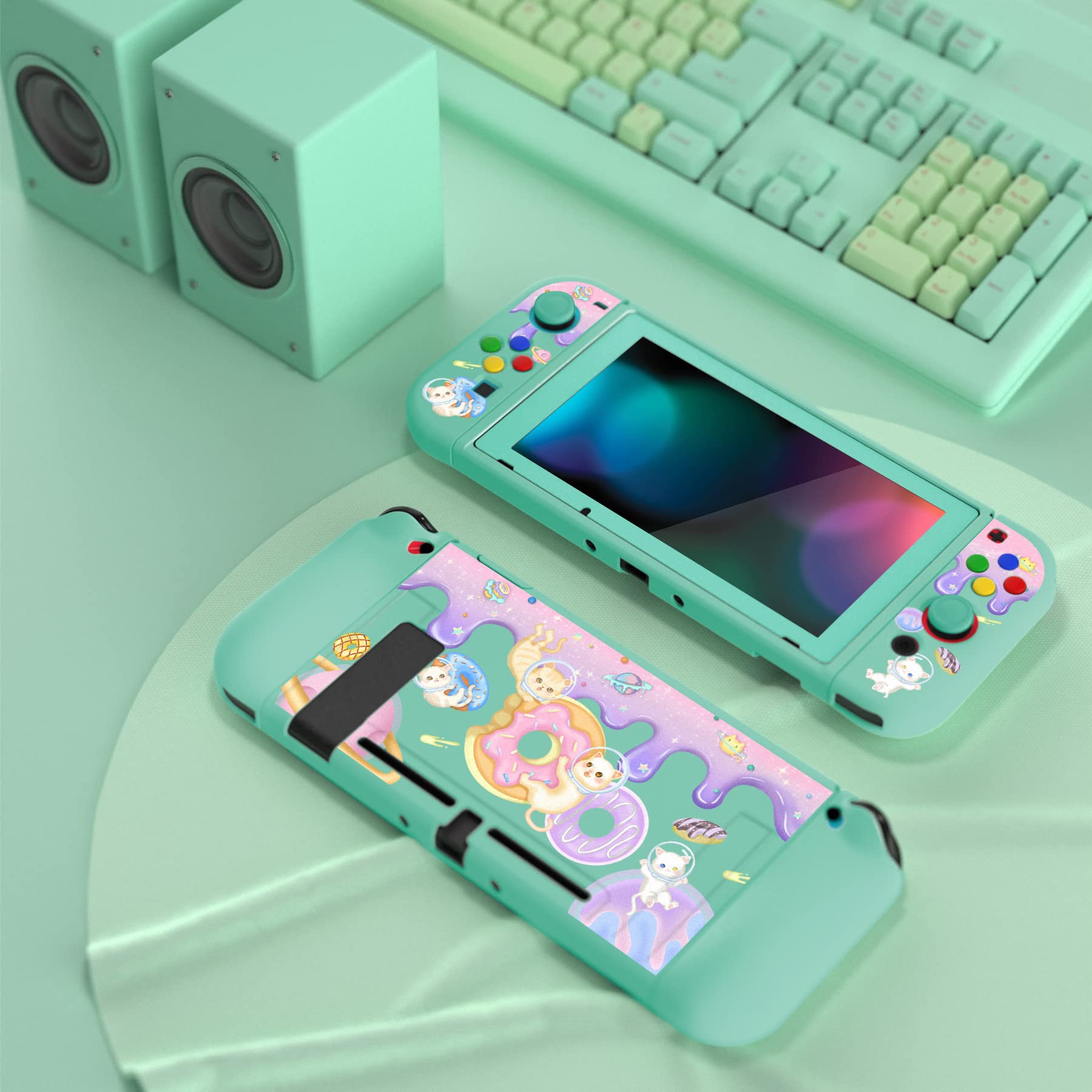 playvital ZealProtect Soft Protective Case for Nintendo Switch, Flexible Cover Protector for Switch with Tempered Glass Screen Protector & Thumb Grips & ABXY Direction Button Caps - Donut Odyssey - 3