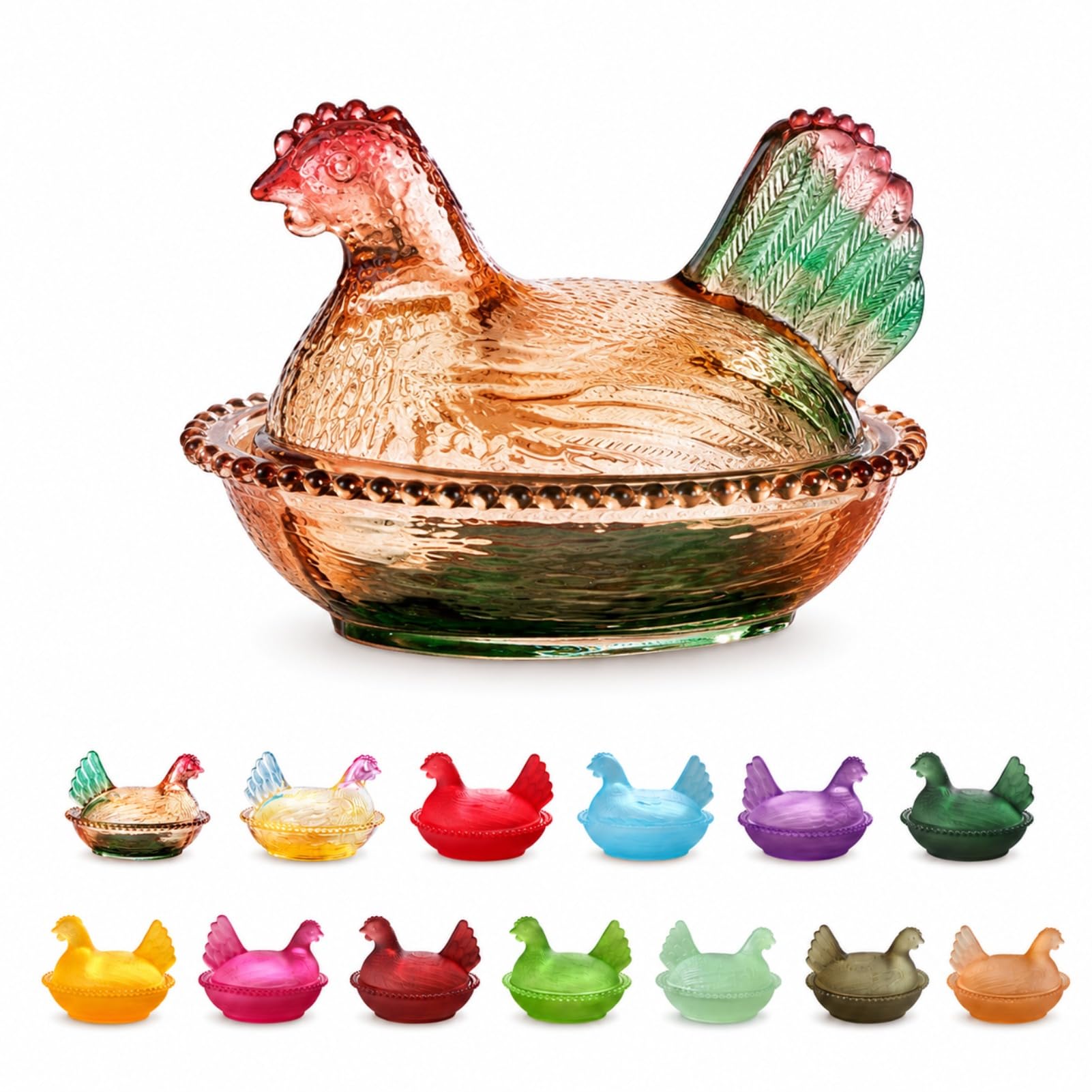 TJKK Vintage Hen Shaped Glass Storage Dish Decorative Lidded Trinket Bowl Multipurpose Glass Candy Jar for Kitchen Countertop Bedroom Dresser Easter Home Decor Gift (12 * 8cm,Ivory Color)