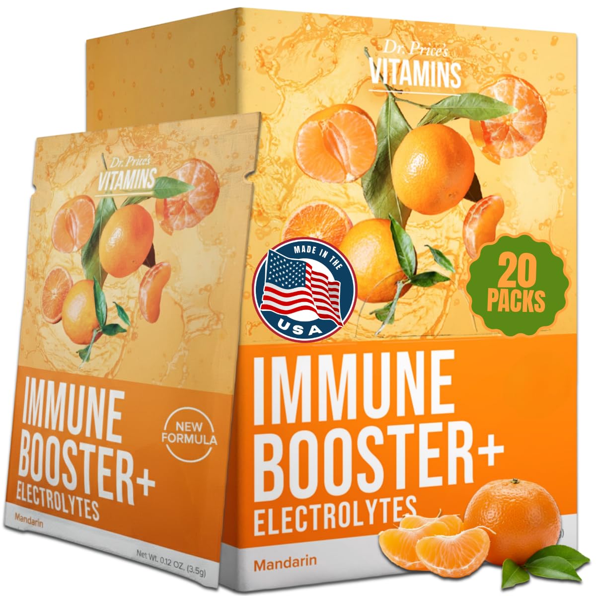 Dr. Price’s Electrolyte & Vitamin C Powder Packets – Immune Support, Mandarin, 20 Packs | 1000mg Vitamin C + Zinc, 72 Trace Minerals | Sugar-Free, Doctor-Formulated for Kids & Adults, Made in USA