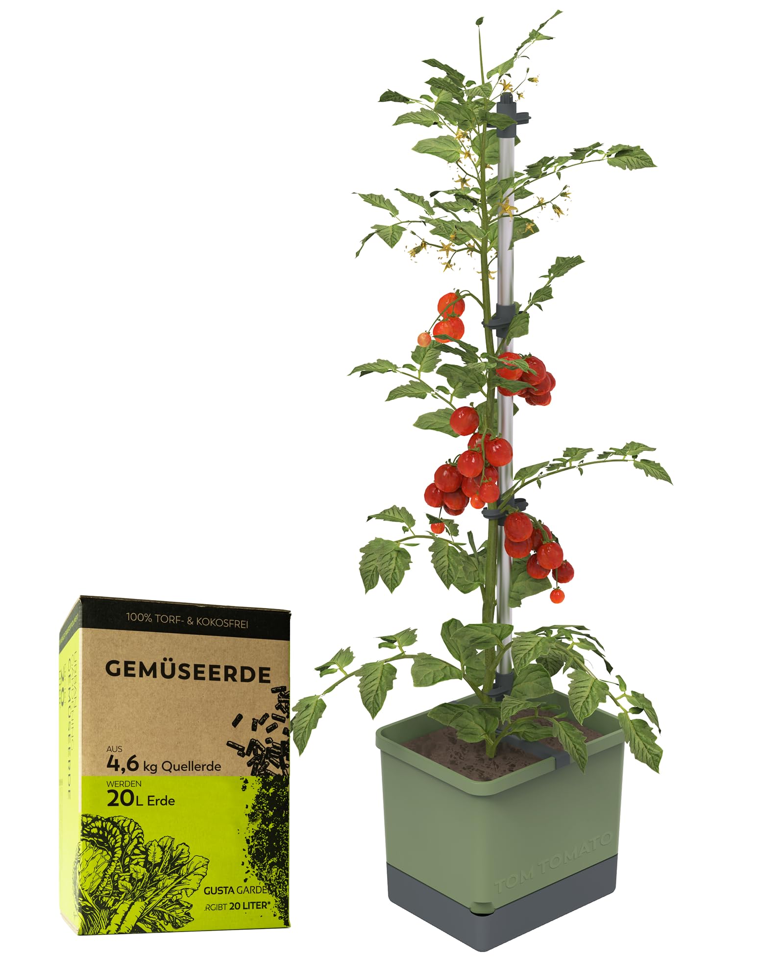 GUSTA GARDEN Tom Tomato Doniczka na pomidory, ciemnozielona – doniczka na rośliny z podpórką dla roślin pnących, systemem nawadniania i hakami mocującymi – zestaw zawiera ziemię 20 l – zbiornik na