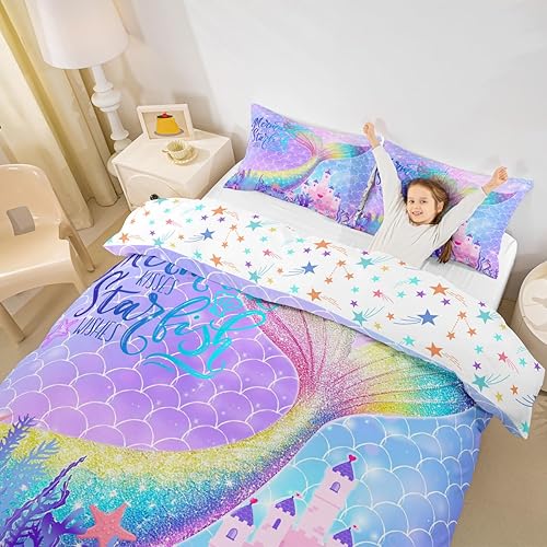Miniatura 3 de Castle Fairy Juego de funda de edredón de cola de pez de sirena, tamaño Queen, juego de ropa de cama de escamas de sirena de acuarela arcoíris, 3