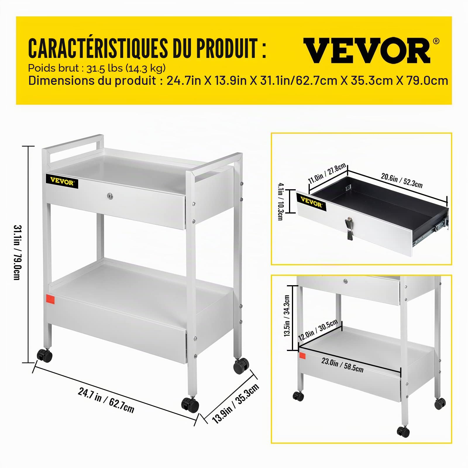 VEVOR Chariot de Laboratoire 2 Niveaux, Chariot Médical en Acier Inoxydable, Chariot de Service Grande Capacité de Charge 100 kg, avec 2 Tiroirs, pour Laboratoire Salon Hôpital, Usage Dentaire, Blanc