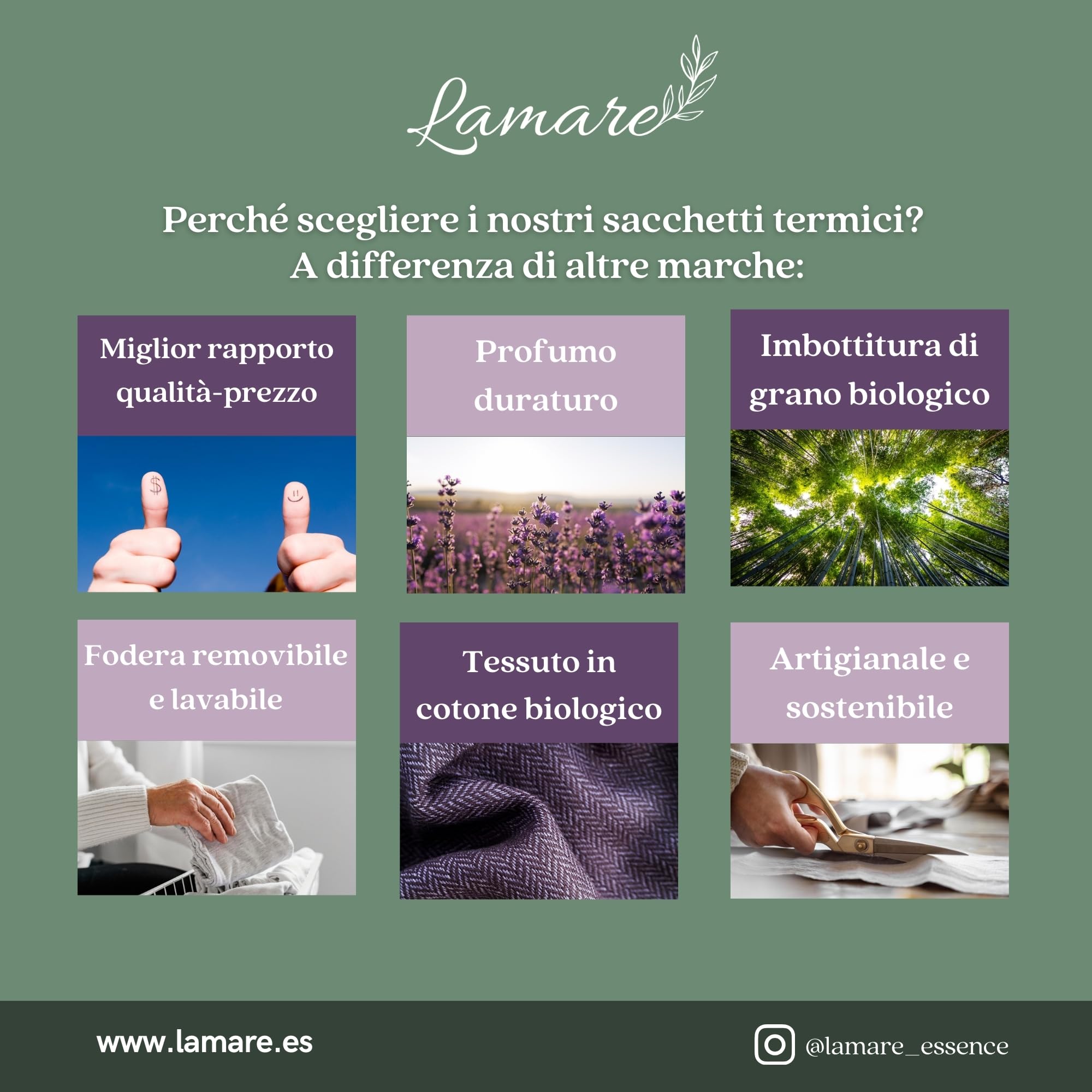 Lamare - Cuscino termico con semi di grano ecologico e lavanda, 48 x 15 cm, rivestimento lavabile 100% cotone, per cervicale e coliche, terapie a freddo e caldo, Lavanda stampata
