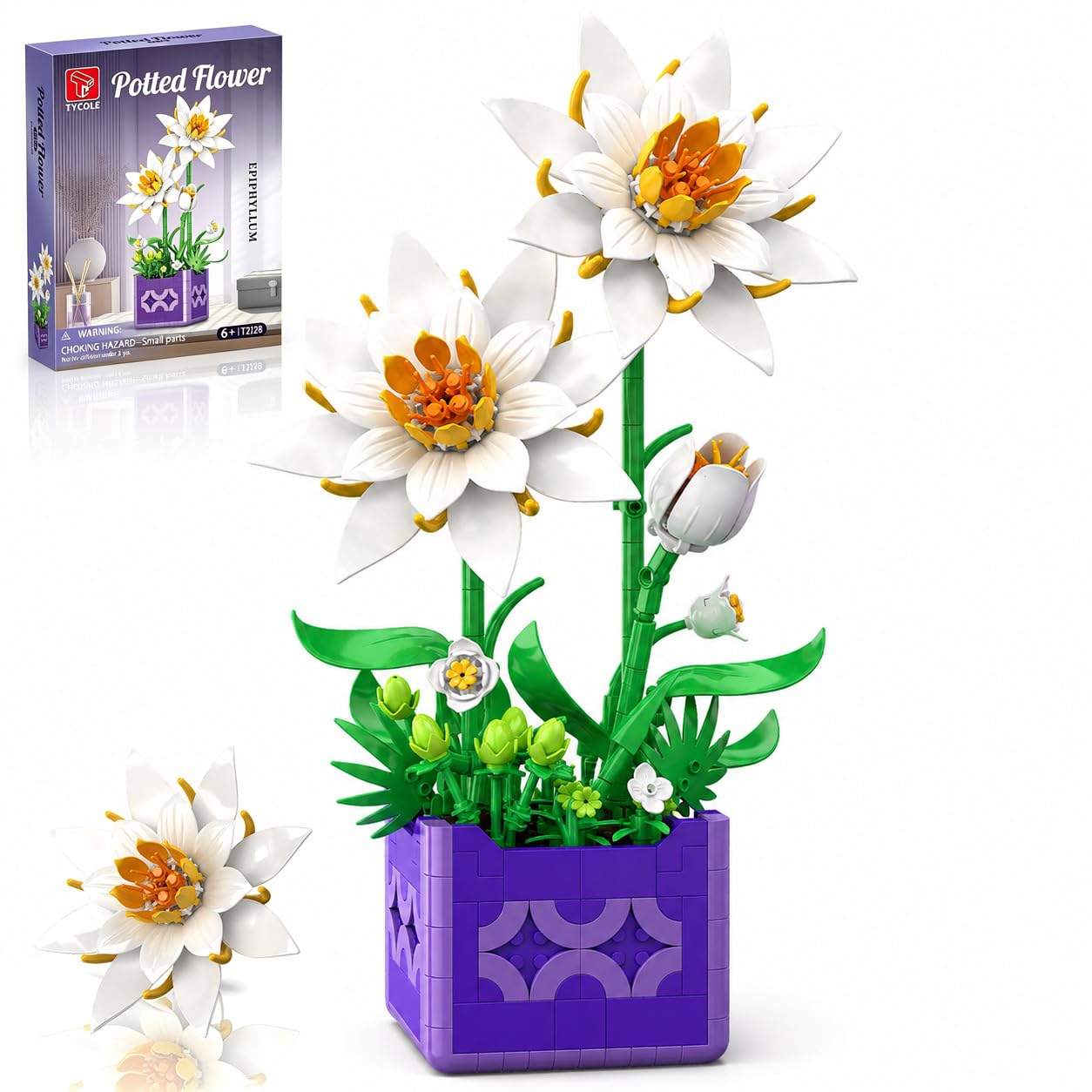 TYCOLE Fiore Bianco in Mattoncini con Vaso, Epiphyllum, 585 Pezzi | Set di fiori in mattoncini per casa e ufficio, pianta in vaso creativa e regalo per adulti, ragazzi e bambini dai 6 anni