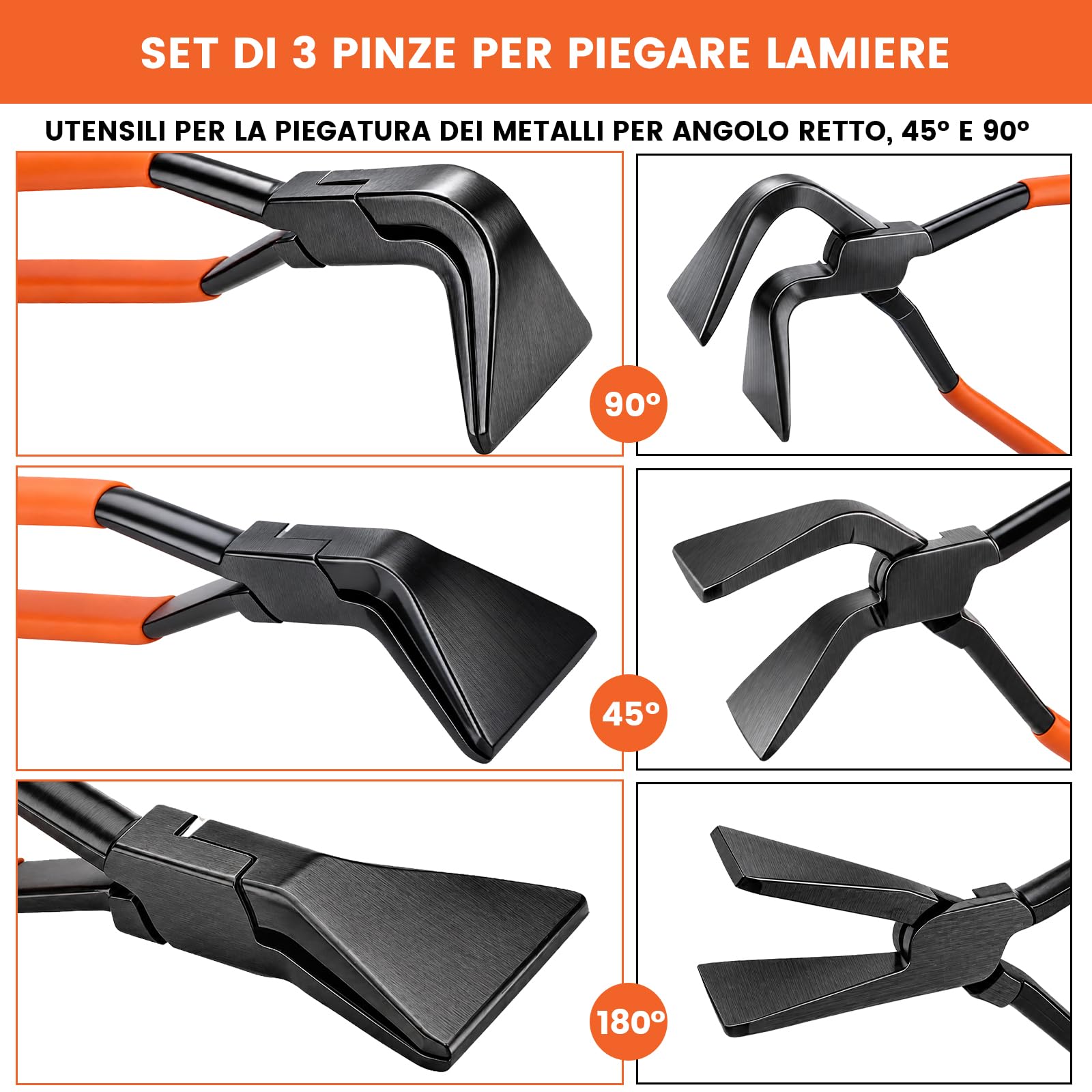 Pinza piegatrice per lamiera, set di 3 pinze dritte 0°, angolate 45° e 90, lunghezza 280 mm, larghezza 60 mm, in acciaio al carbonio nero brunito, strumento di copertura