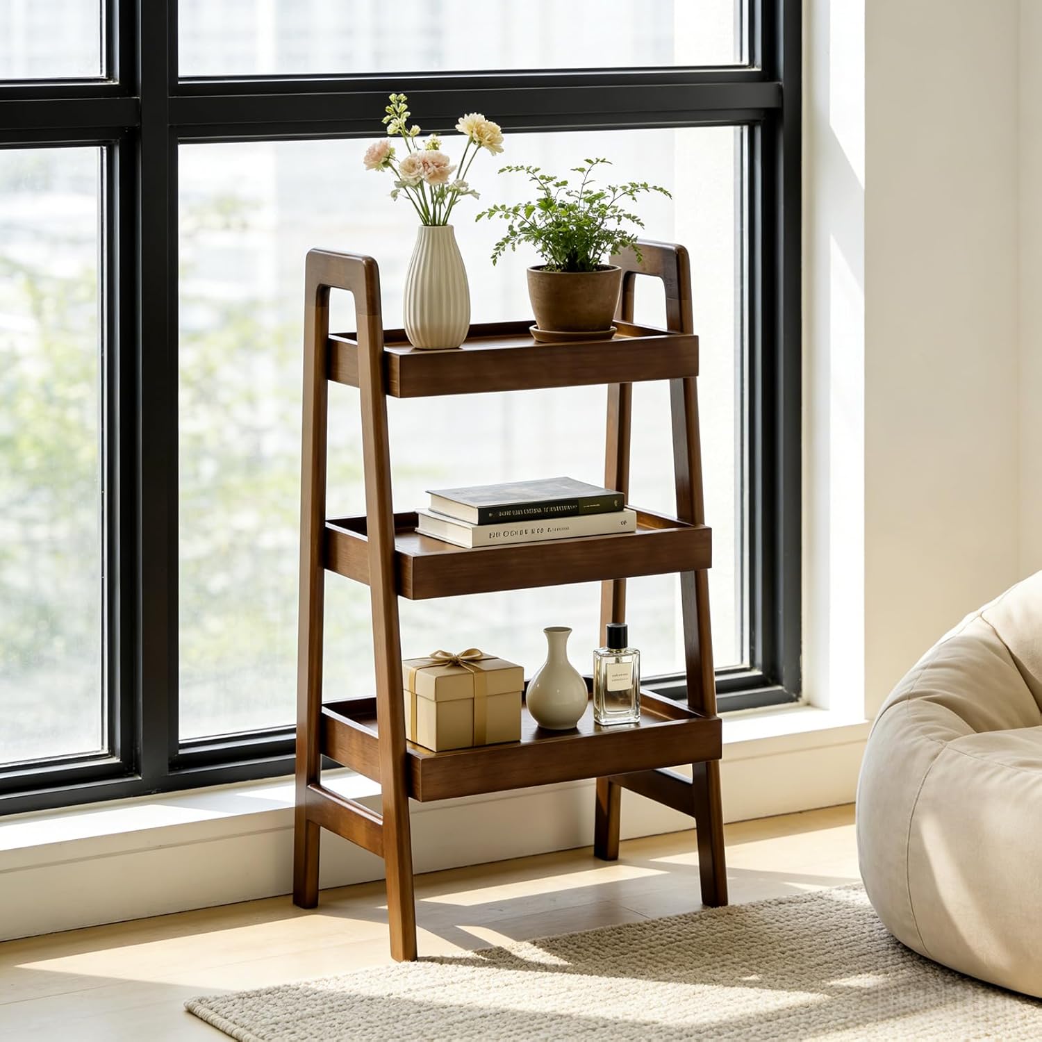 Solid Wood Ladder Shelf 3 Tier Small Ladder Bookshelf Freestanding Ladder Shelf With Open Storage Saving Space Wooden Ladder Shelf For Living Room Bedroom Office 12.6"L X 17.72"W X 31.5"H Walnut