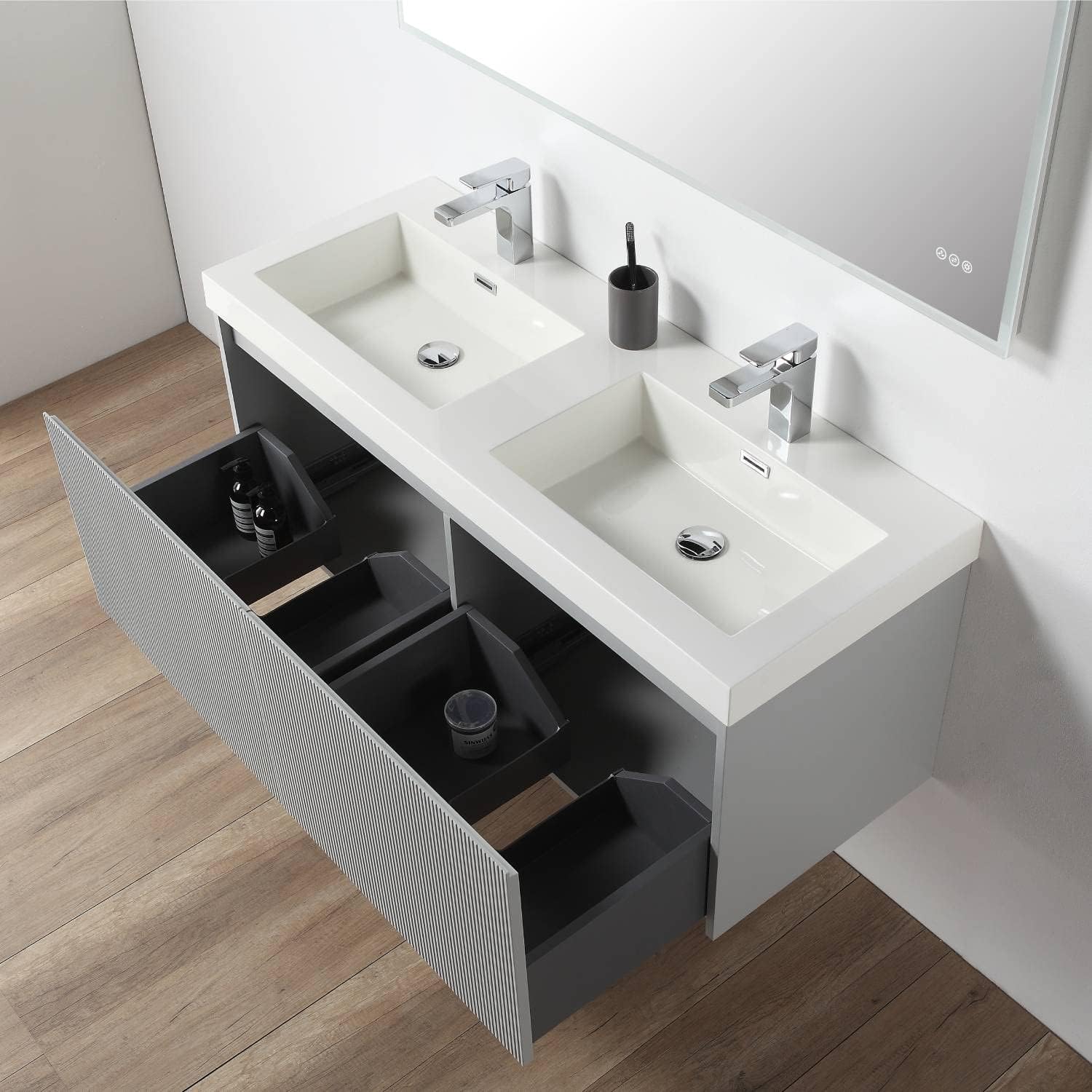 Blossom 48 inch Solid Wood Floating Bathroom Vanity with Double Sink, Mid-Century Modern Wall Mounted Cabinet, 5-Layer Moisture Resistant Finish, Soft Close Drawers, Integrated Acrylic Basin, Grey