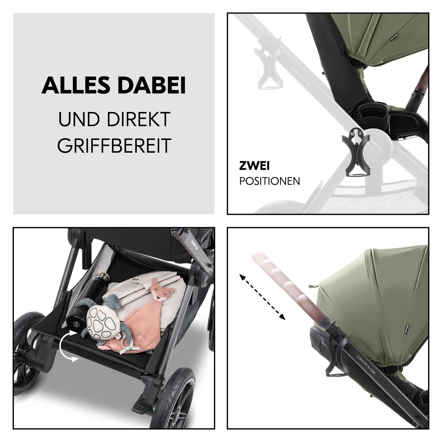 Hauck Comfort N Care Set Olive 2in1 Kinderwagen mit Gummireifen, Wanne, Wendbarer Sitz, bis 22 kg, Höhenverstellbar, inkl. Autositz Adapter