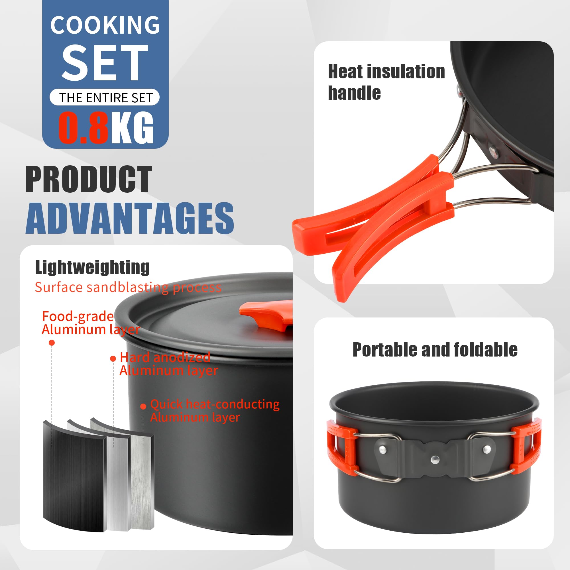 10 PCS Campeggio Pentole Utensili Set, Stoviglie da Campeggio con Pentola Padella Tazza Posate Pieghevoli e Sacchetti per Outdoor Utensili da Cucina da Campeggio