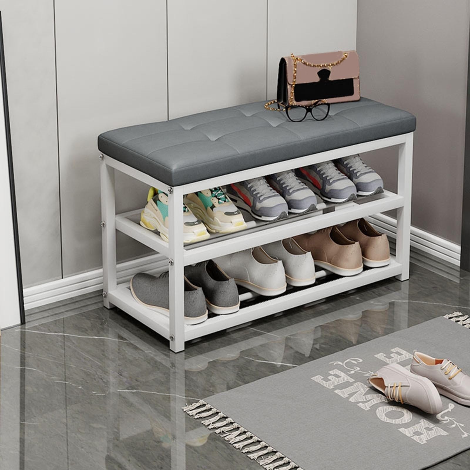 Meuble range-chaussures 3 niveaux avec banc rembourré similicuir et étagère métal noir