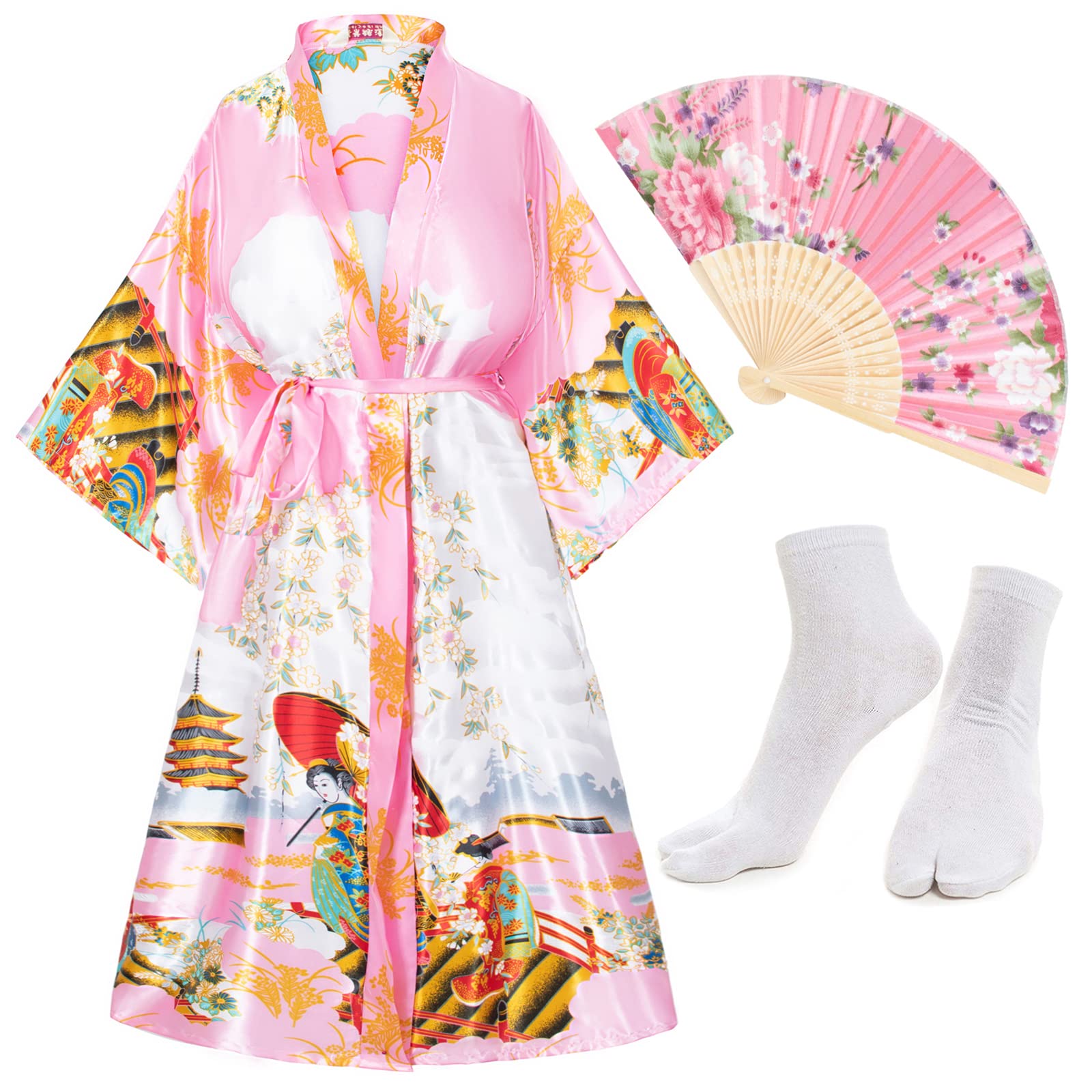 HeoneLong Kimono Satin Printed Lightweight Cardigan Jacket Coat Yukata Cloak Bathrobe Tops fans Tabi socks set