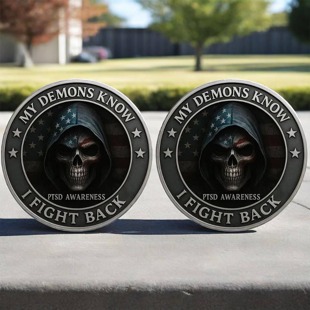 PTSD Awareness Veterans Challenge Coin, My Demons Know I Fight Back Challenge Coin, PTSD Courage Support Commemorative Coins for Veterans, Gifts for Veteran (1PC)