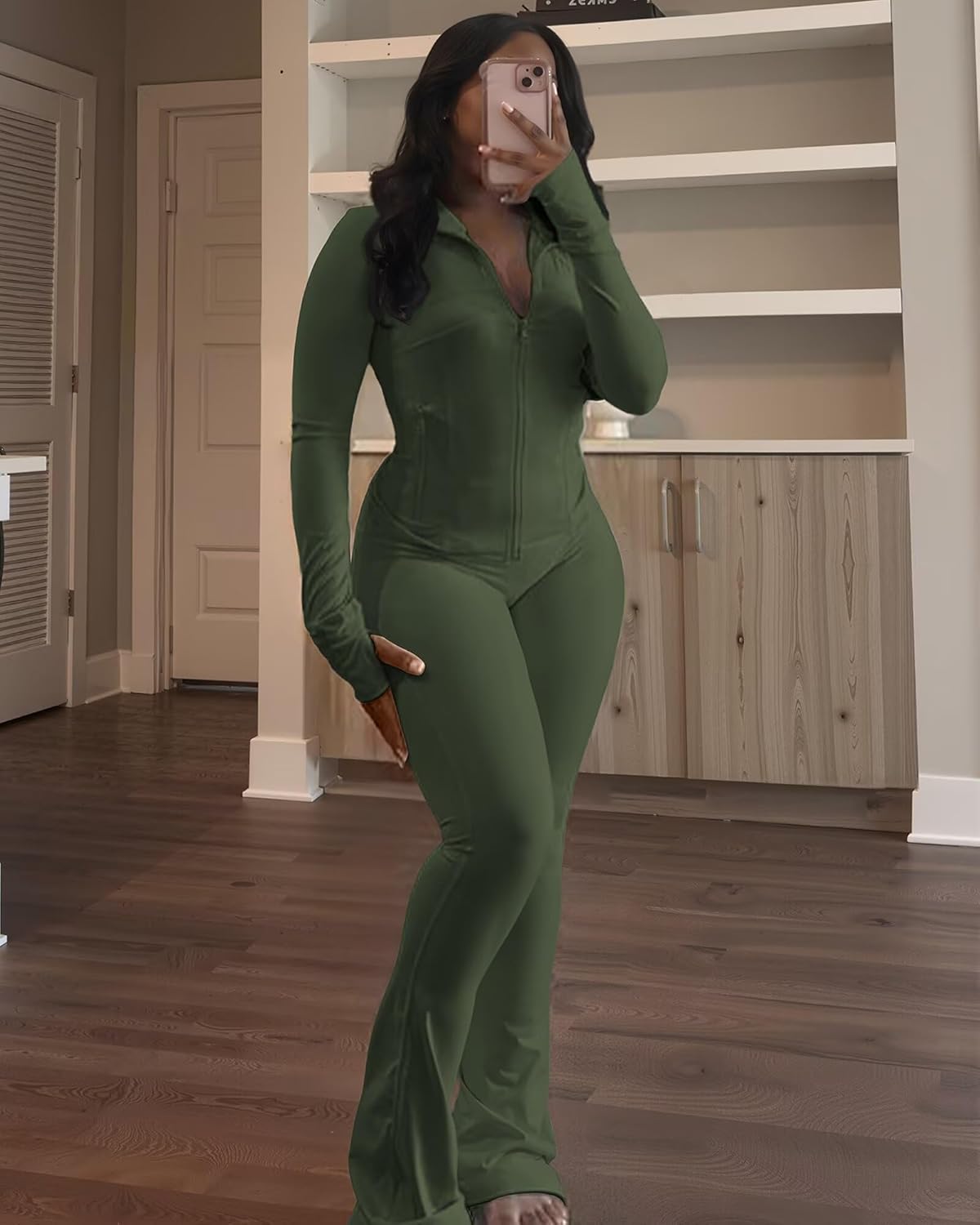 Ophestin Women 2 Piece Outfits Fall Long Sleeve Zip Up Jacket Flare Legging Workout Sets with Pockets Tracksuit Active - Image 4