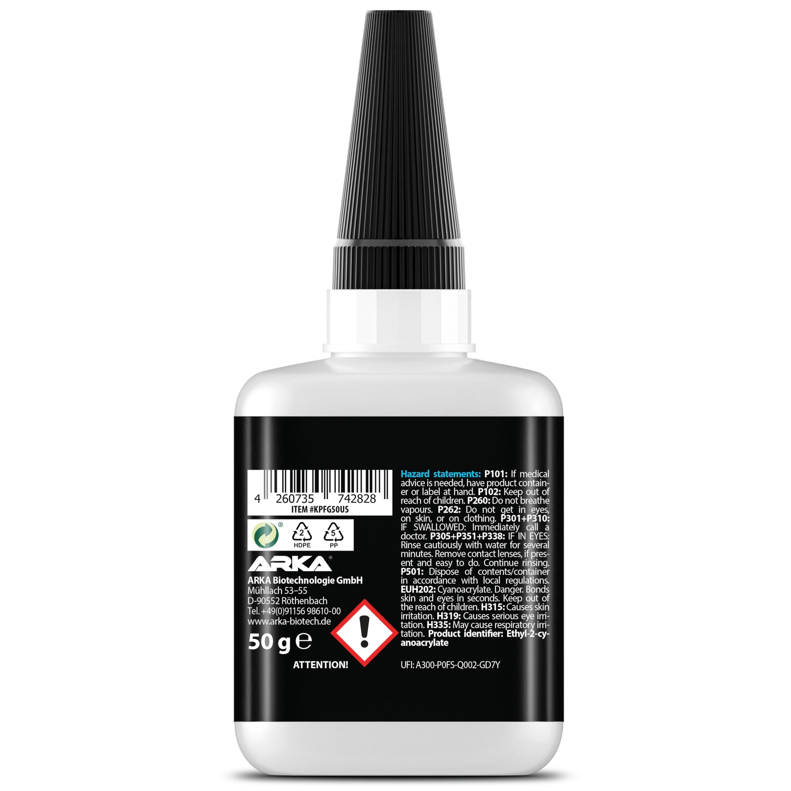 ARKA - KRAFTPROTZ VETRO 50 g - Colla istantanea extra forte - trasparente per vetro - super liquida - Resistente all'acqua - Facile da usare e tenuta sicura.