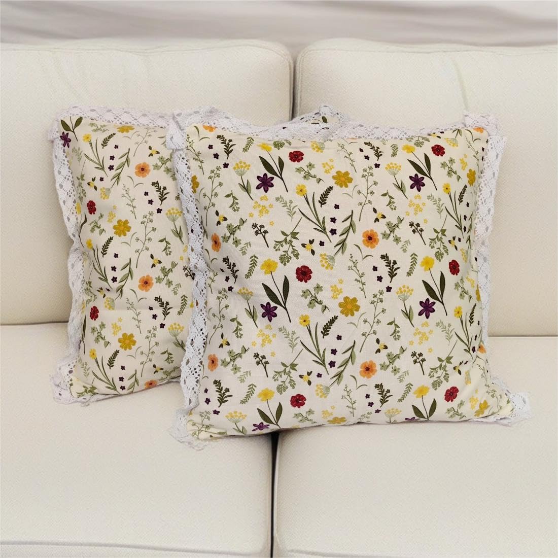 GenericCotton Wild Flower Decorative Throw Pillow Covers 18x18 Inch Set of 2 Floral Leaf Cushion Covers Cream Farmhouse Pillow Shams for Sofa Bed and Home Decor