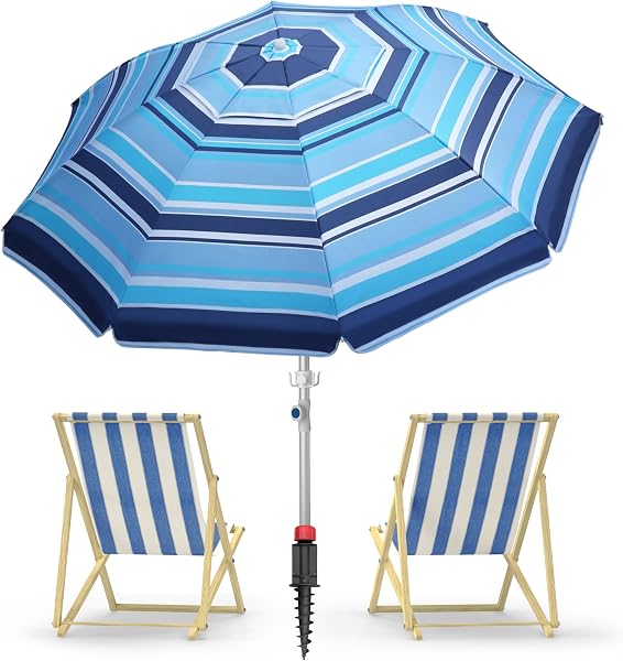 Deluwire 7ft Heavy Duty High Wind Beach Umbrella Parasols with sand anchor & Tilt Sun Shelter, UV 50+ Protection Outdoor