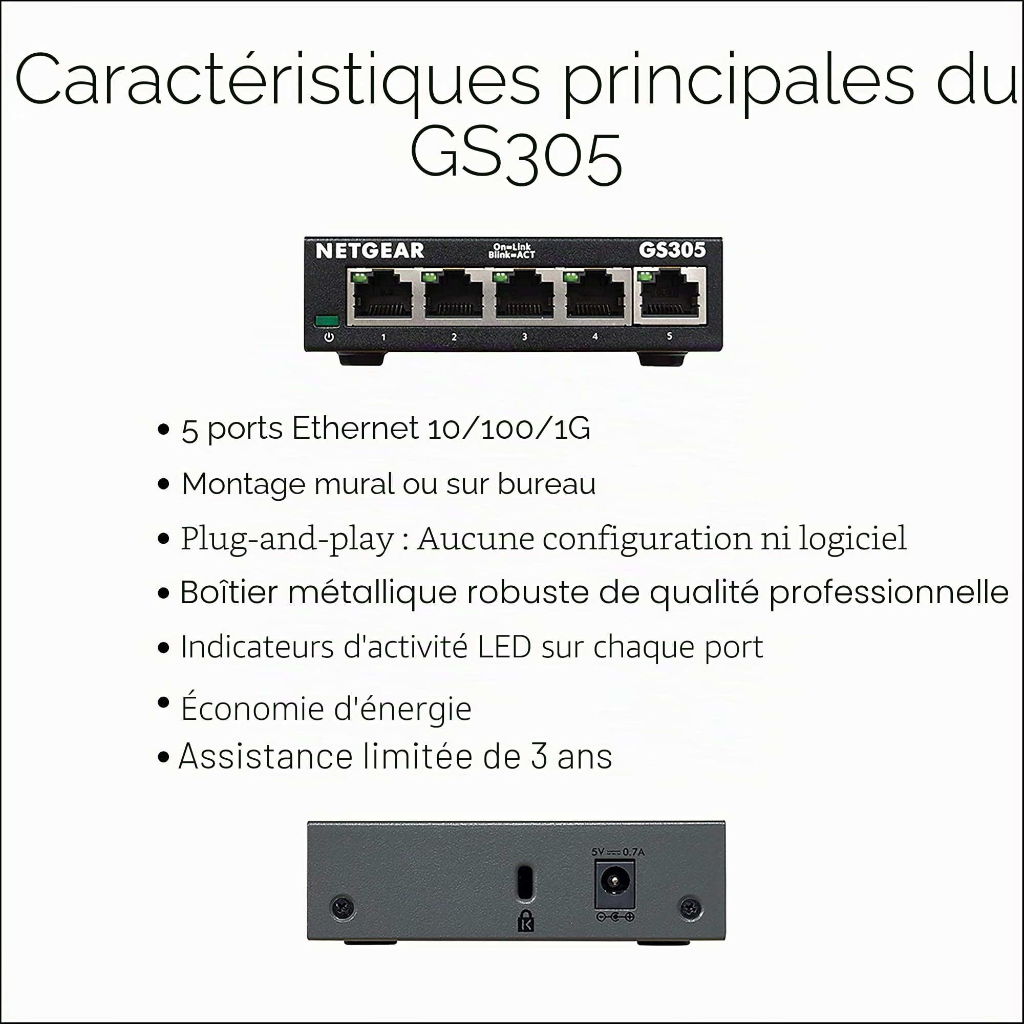 NETGEAR GS305-300PES Switch ethernet métal 5 Ports Gigabit (10/100/1000) (Lot de 2)