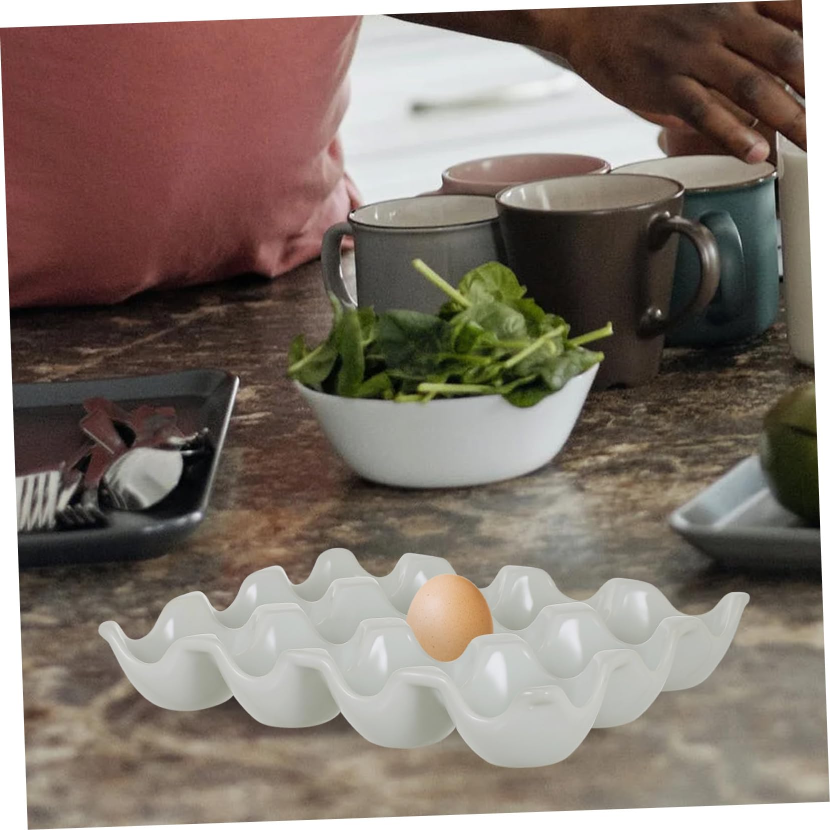 Veemoon Bandeja de Cerámica para Huevos de 12 Espacios Diseño de Ranuras, Resistente a Golpes y Anticaídas, Color white, Adecuado para Refrigerador y Almacenamiento Seguro