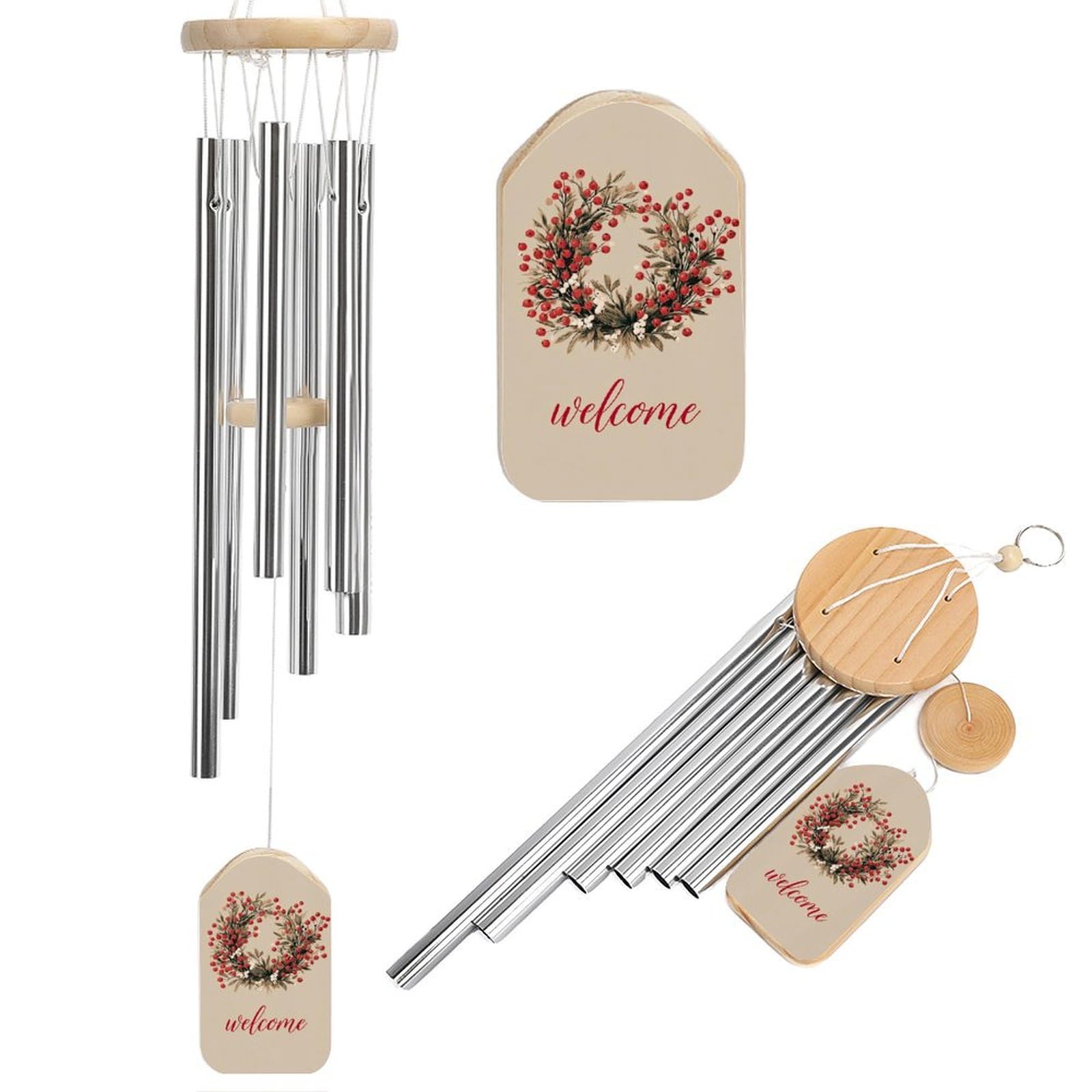 Leafy Wreath with Red Berries Word Welcome Wind Chimes Memorial Deep Tone Windchime with 6 Aluminum Tubes Outdoor Backyard Garden Decoration