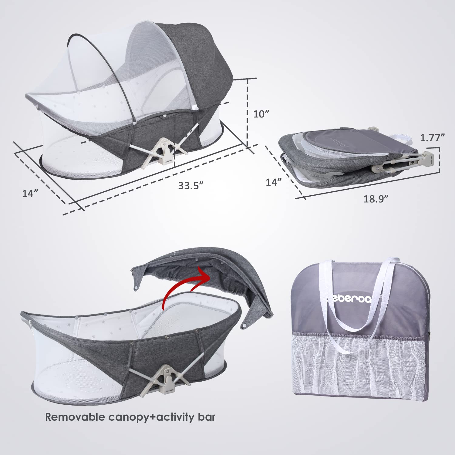 beberoad Lit de Voyage pour bébé, Tente de lit de Voyage Facile à Plier, Portable, Système de Sécurité en T à Deux Points, avec Moustiquaire, Jouet, Canopy Soleil, Matelas et Sac, Berceau Bébé