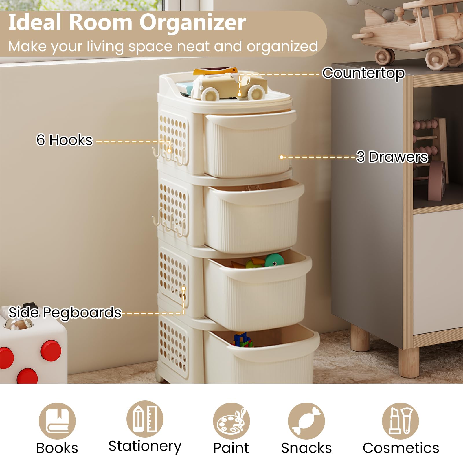 HOMASIS Carrello con 3/4 Cassetti, Pannello Forato, Maniglia e 6 Ganci, Carrello Portaoggetti con Ruote, Organizer Multiuso, Cassettiera Plastica da Cucina, Bagno, Ufficio, Beige (38 x 32 x 86 cm)