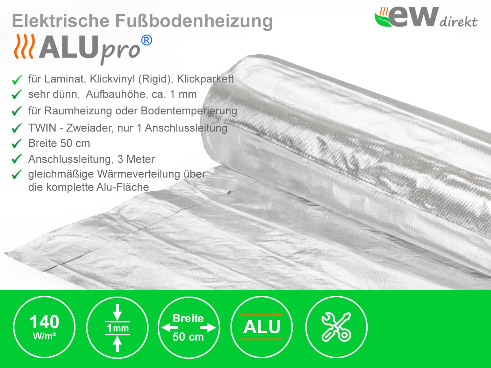 elektrische Fußbodenheizung AluPro 140 für Laminat/Klickvinyl mit Thermostat RT-45 (8 m² - 0,5 x 16 m)
