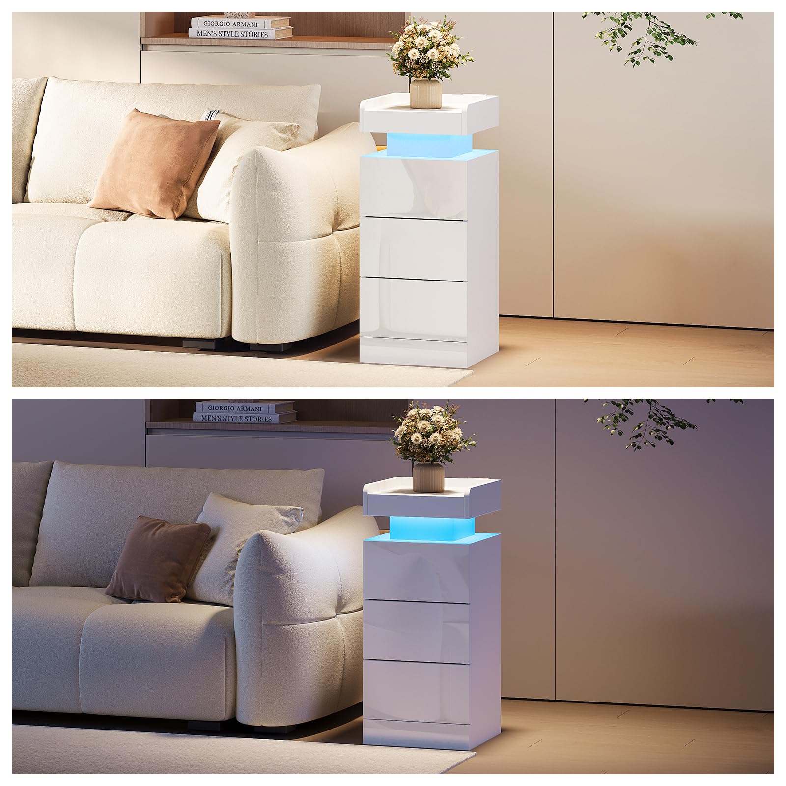 Dripex Nachttisch 2er Set schmal, 3 Schubladen LED Beistelltisch mit RGB Licht Weiß