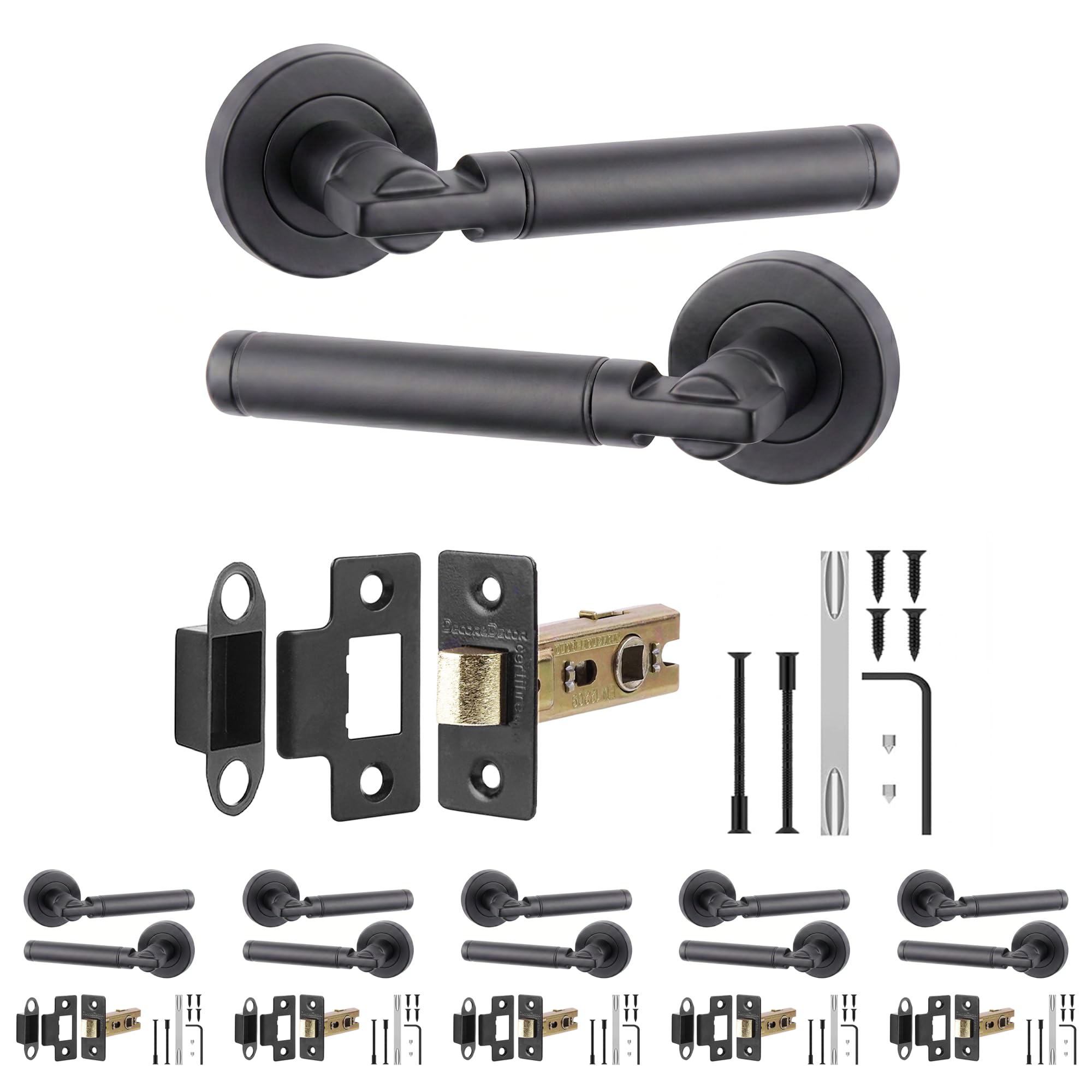 Decoranddecor Enigma Matt Black Door Handles, Latch Kit 64mm 6 Pack