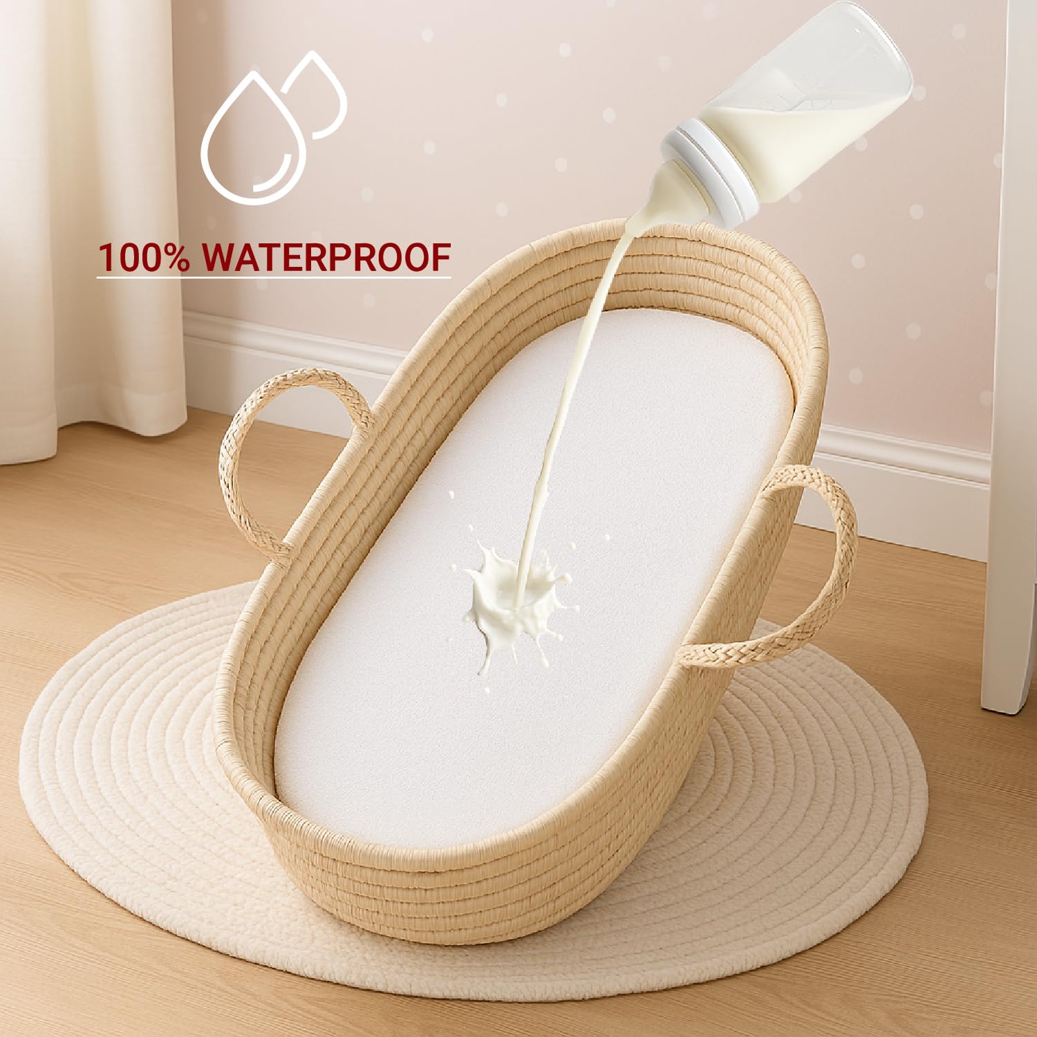 2x 100% Waterproof Moses Basket Mattress Protector with 155 GSM Terry Towelling Fabric, Soft - Image 3