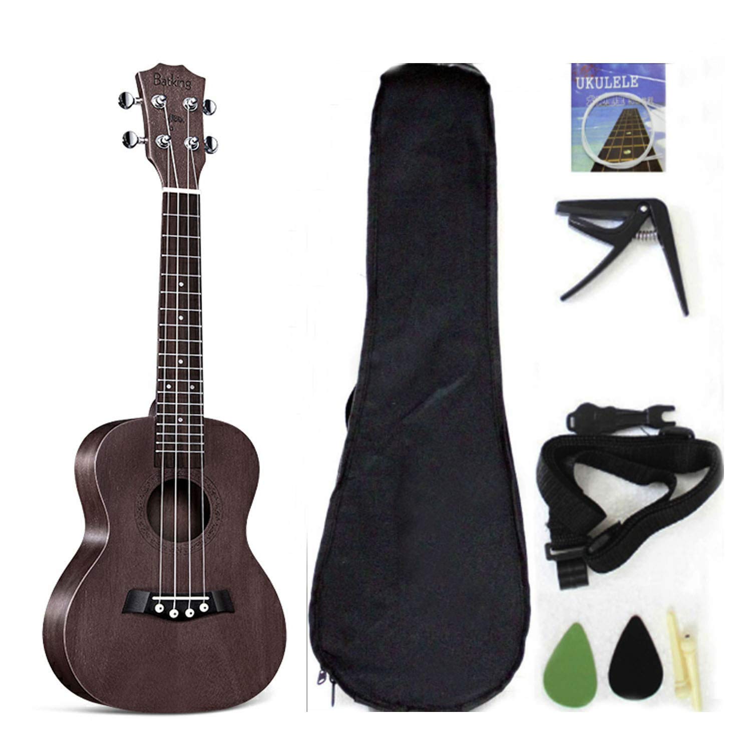 Ukulele da concerto con parte superiore in mogano, 58,4 cm, con accessori per ukulele con custodia, tracolla, corda in nylon, accordatore elettrico, plettri