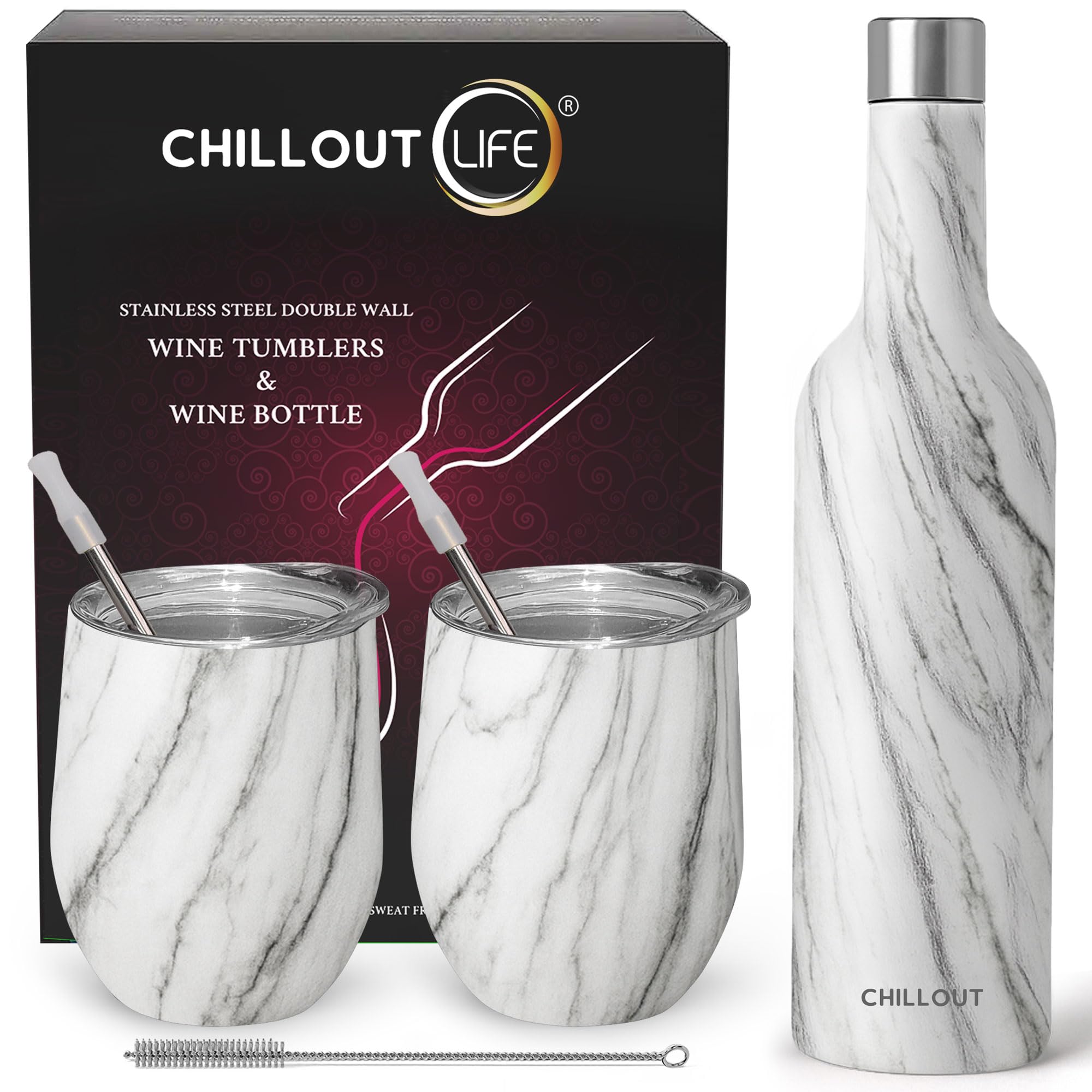 CHILLOUT LIFE 12 oz Stainless Steel Wine Tumblers 2 Pack & 1 Insulated Wine Bottle - Double Wall Vacuum Insulated Wine Glasses Cups with Lids and