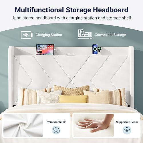 Miniatura 3 de Allewie Base de cama de plataforma de tamaño matrimonial con estación de carga y estante de almacenamiento, cabecera tapizada de terciopelo con