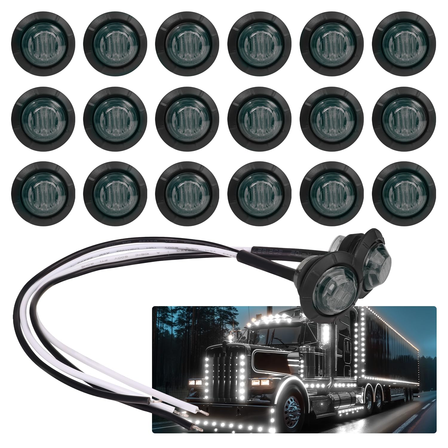 TMH (Pack of 20) 3/4 Inch Smoked Lens White LED DC 12V Round Side Marker Light Indicator Clearance Lamp Bullet Shape Universal for Trailer Truck RV Cab Bus Van Tow Flatbed Pickup Waterproof