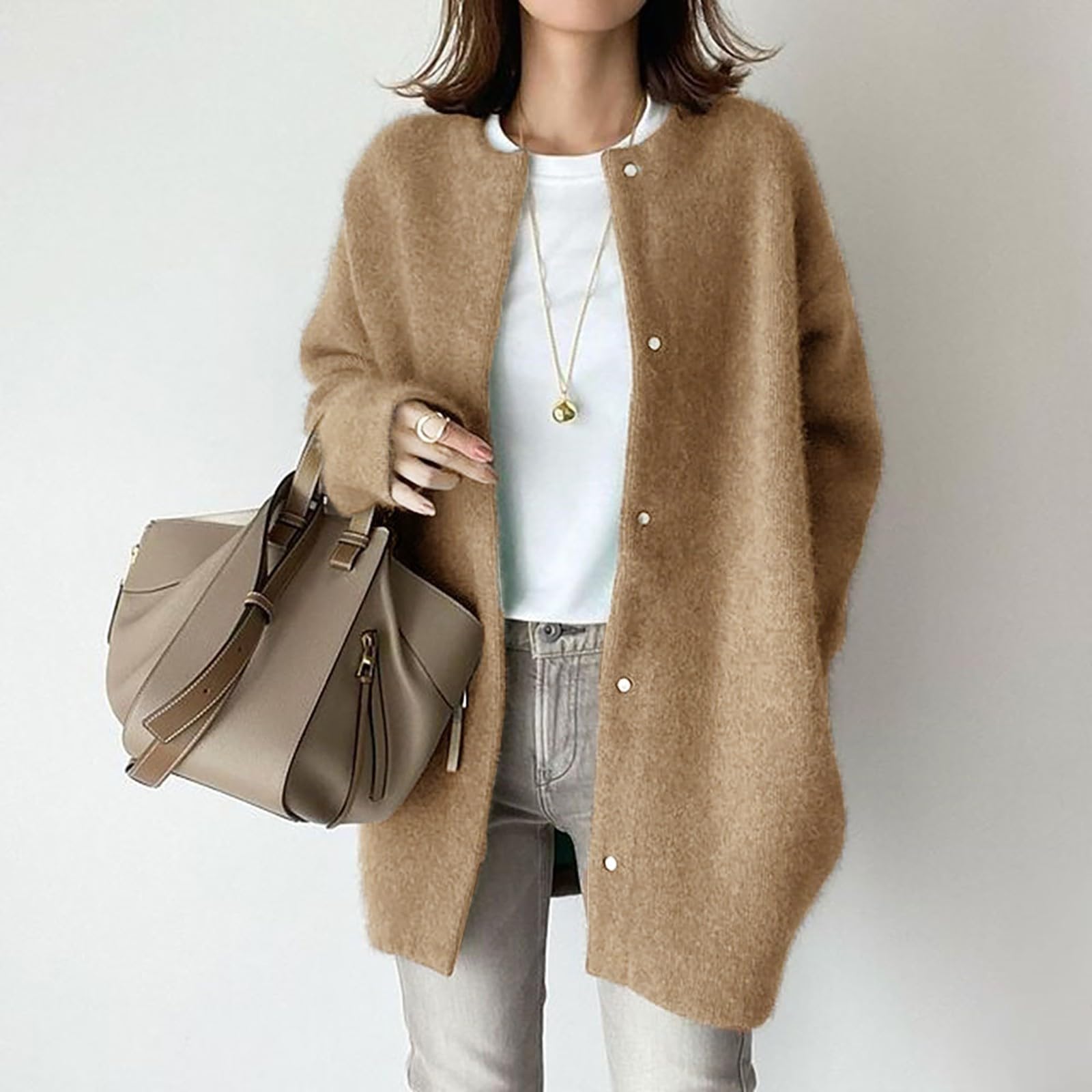 Cardigan Femme Élégant Tricot Pull Mi Long Veste Maille Léger Doux Basique