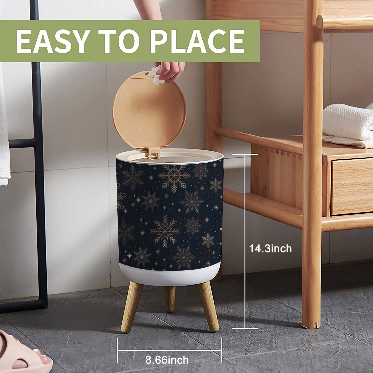 TOMYEUS Small Trash Can with Lid Elegant Christmas Seamless with Rose Gold Snowflakes and Navy Blue Garbage Bin Wood Waste Bin Press Cover Round Wastebasket for Bathroom Bedroom Office Kitchen