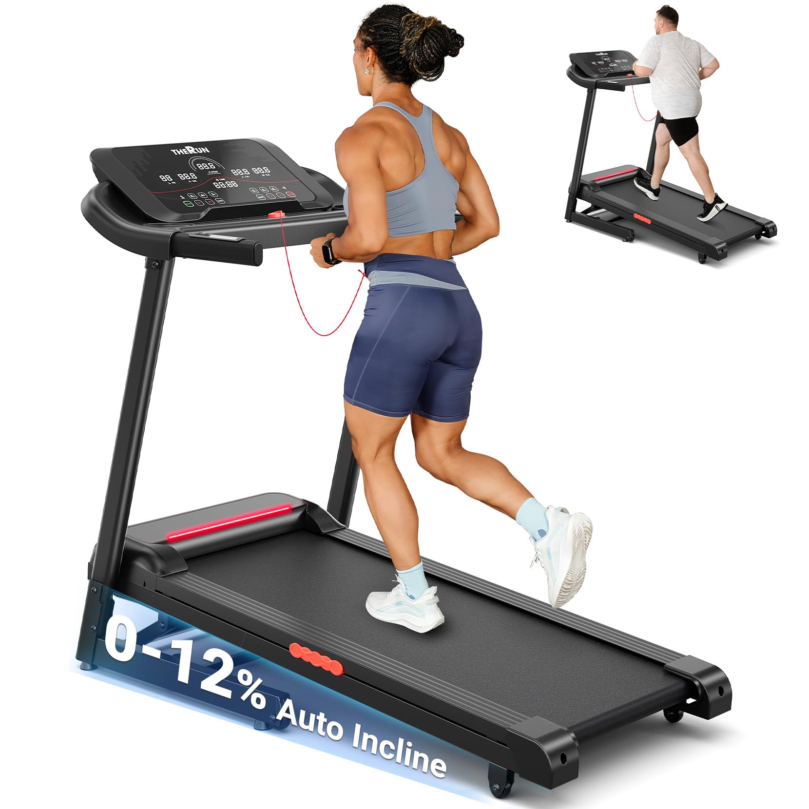 Photo 1 of THERUN Home Treadmill with Incline 12% Auto Adjust, 3.0 HP Treadmill with LED Strip, Heart Rate Monitoring Incline,16.5" Wider Running Belt