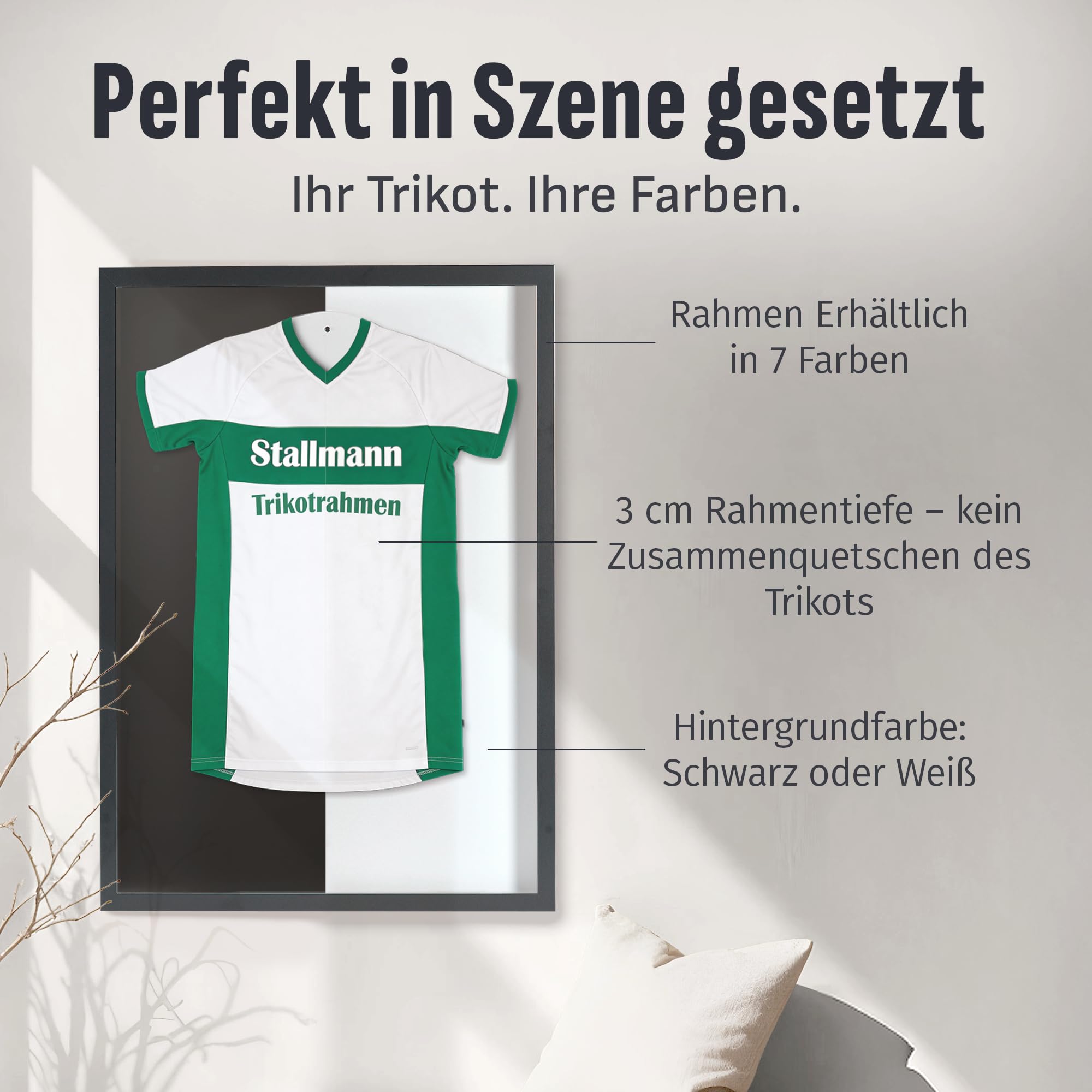 Trikotrahmen 'Easy Click & Fill' mit Tür | Rahmen-Farbe: Schwarz | Hintergrund: Schwarz | Größe: 70 x 90 cm | hochwertige und leicht zu befüllende Vitrine für Trikots
